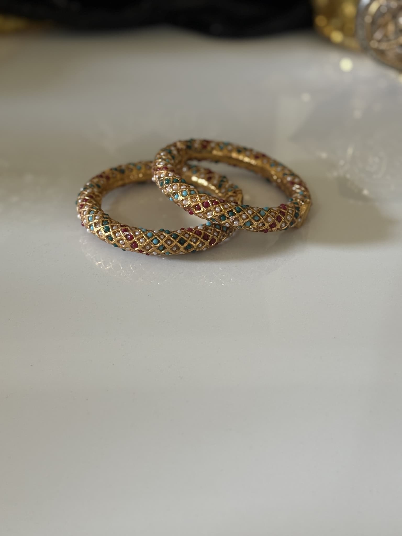 Gold Red and Blue Enamel Bangle Set