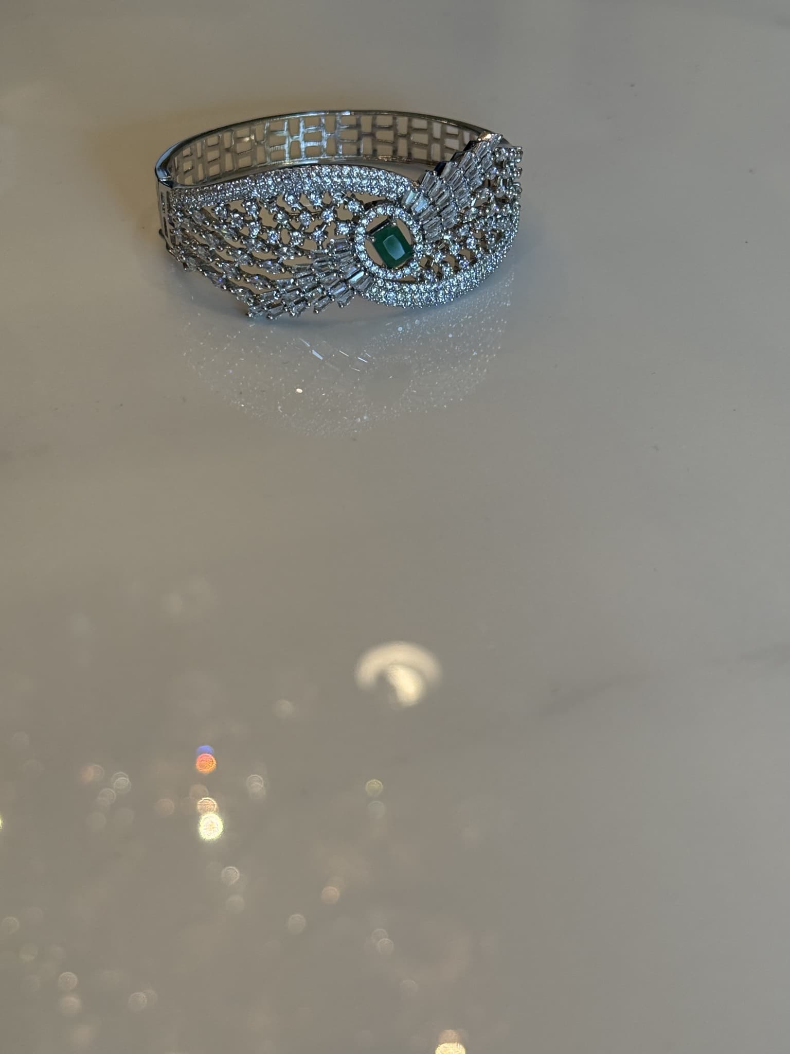 Emerald Silver Engraved Wide Cuff