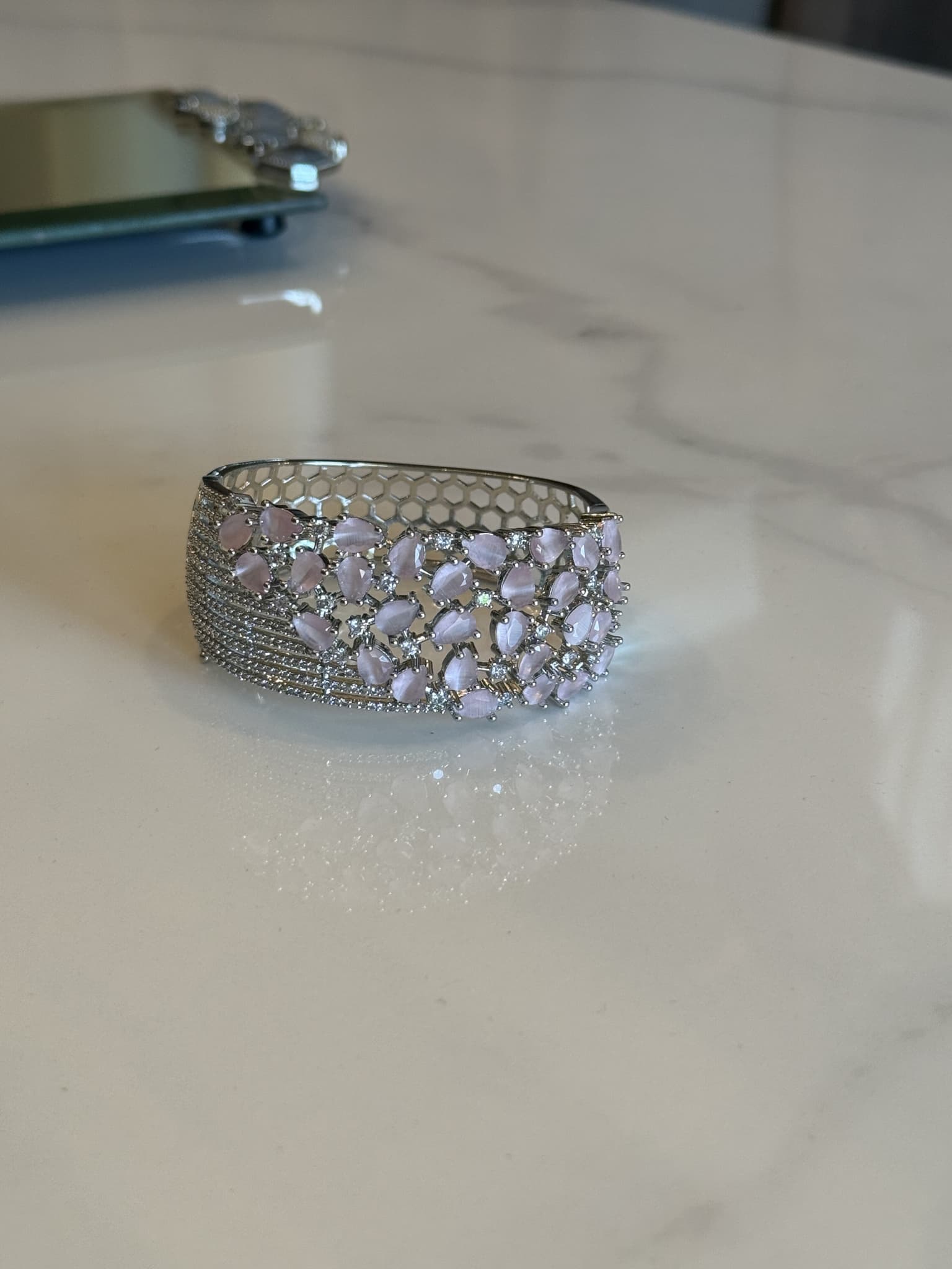 Pink Cat's Eye Gemstone Mesh Cuff