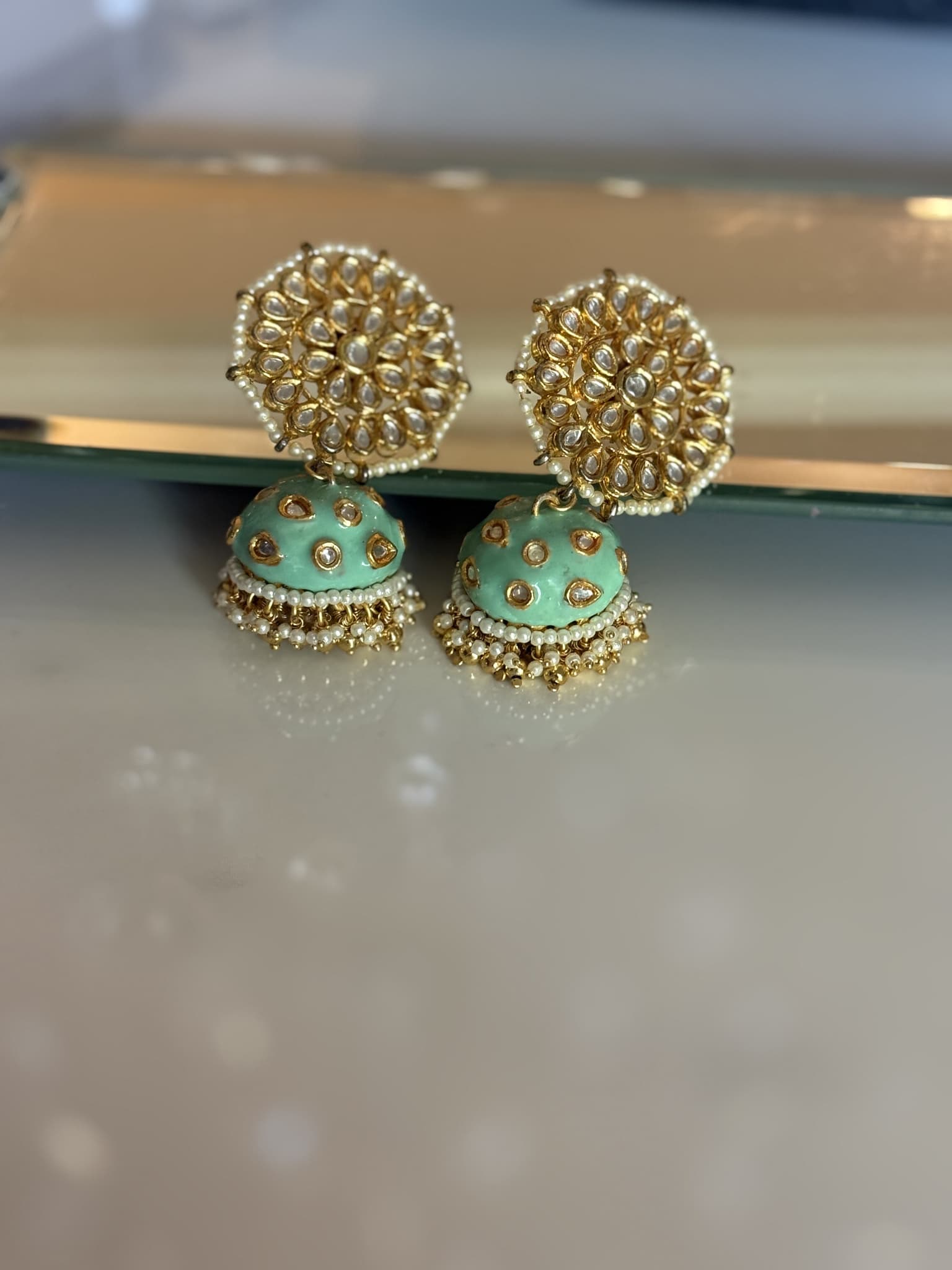 Aqua Green Kundan Jhumka Earrings