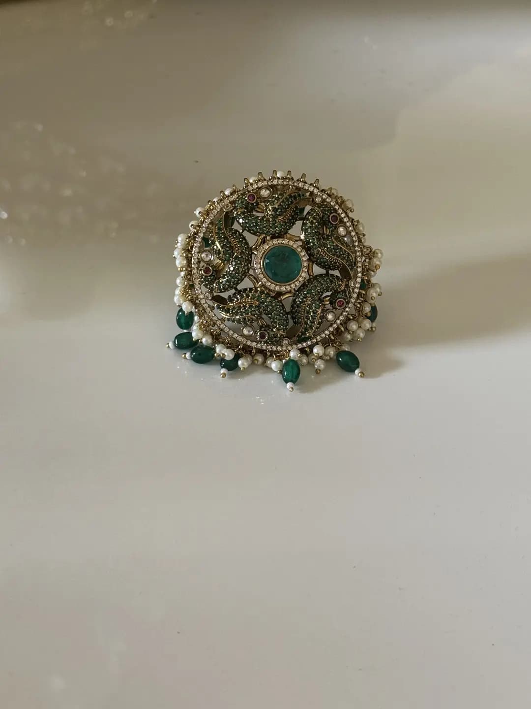 Emerald and Pearl Kundan Peacock Ring