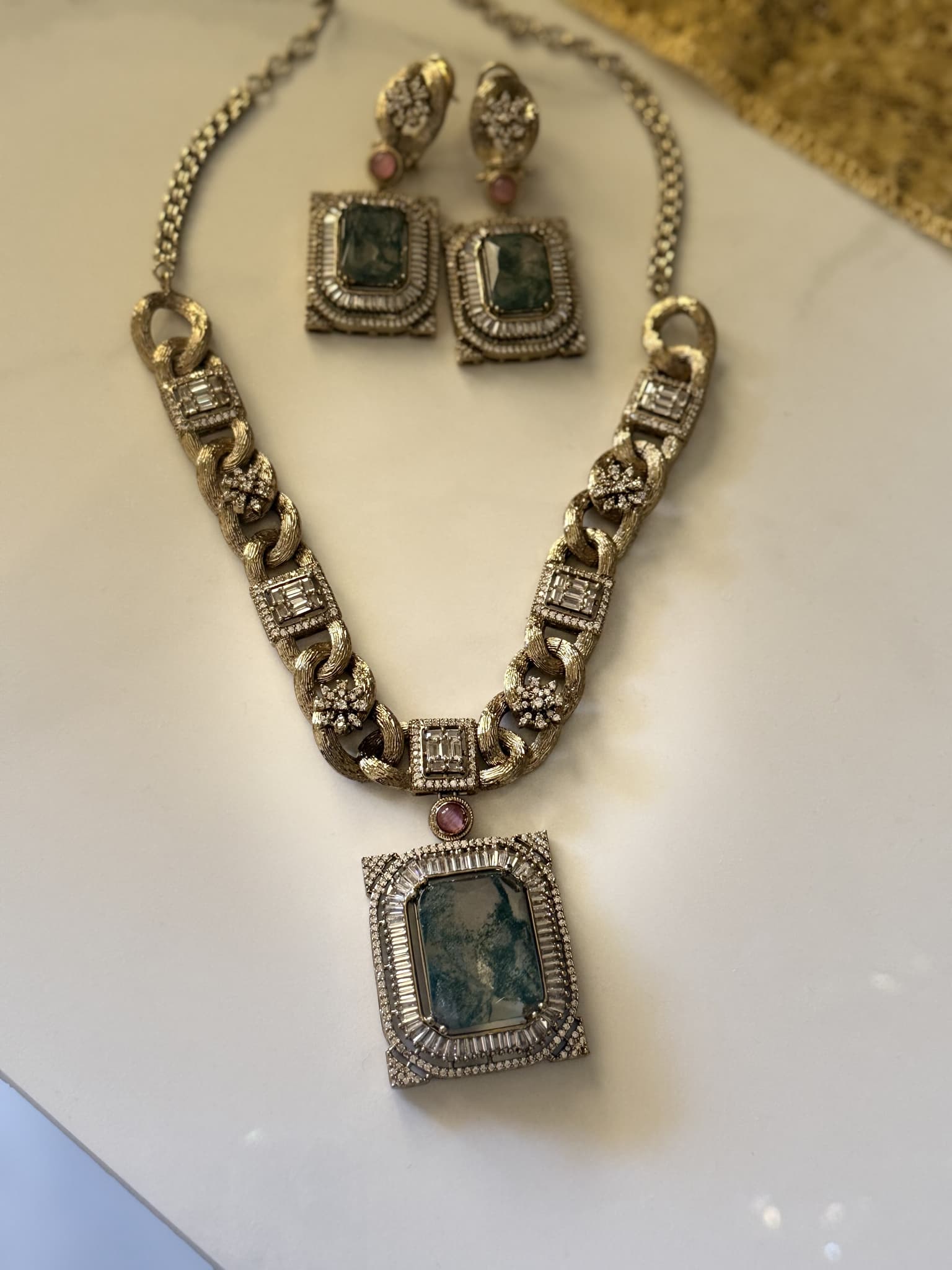 Vintage Gold and Green Statement Necklace Set