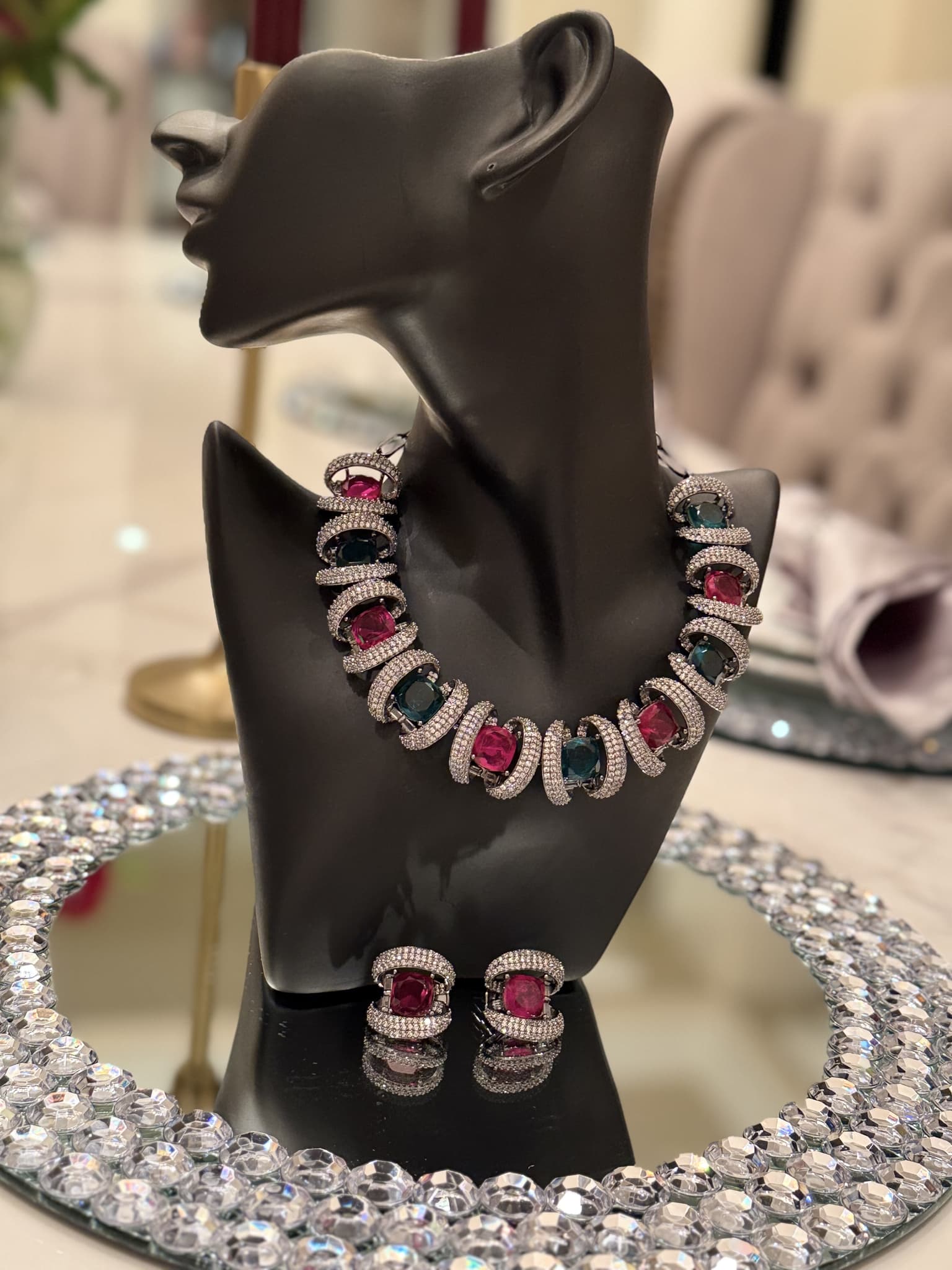 Ruby Statement Necklace Set with Pearl Accents