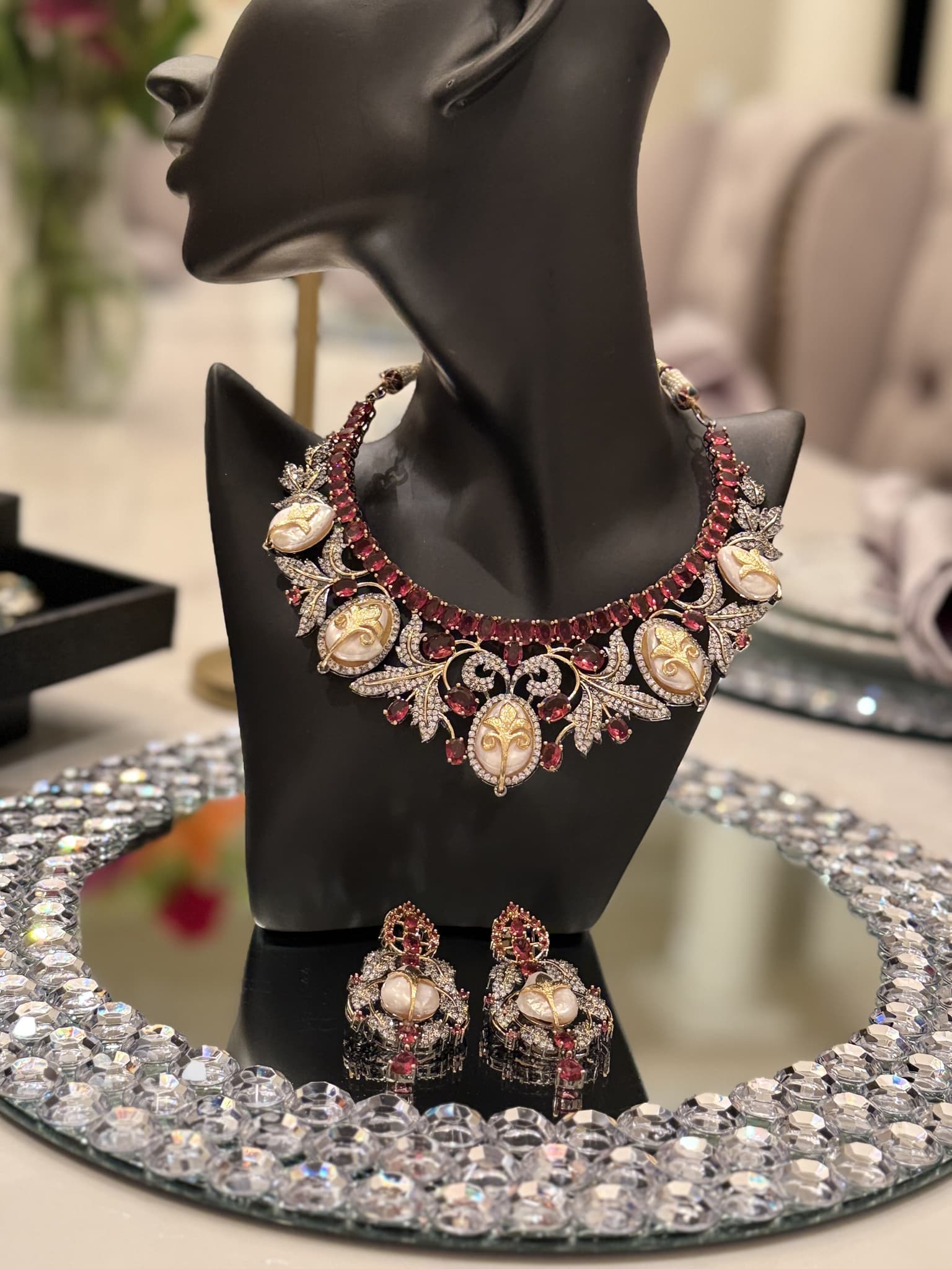 Ruby and Pearl Ornate Necklace Set
