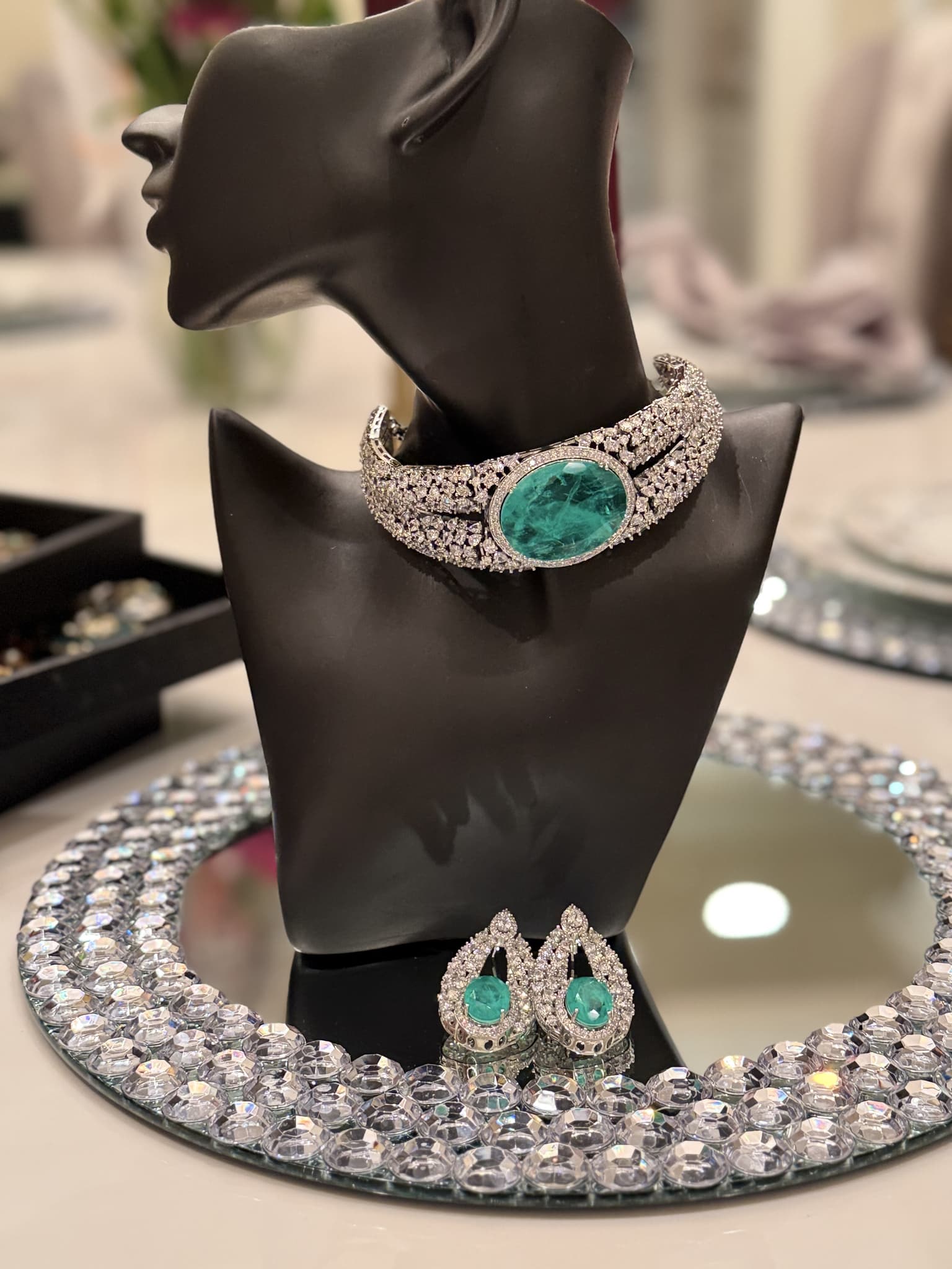 Diamond and Emerald Cluster Necklace Set