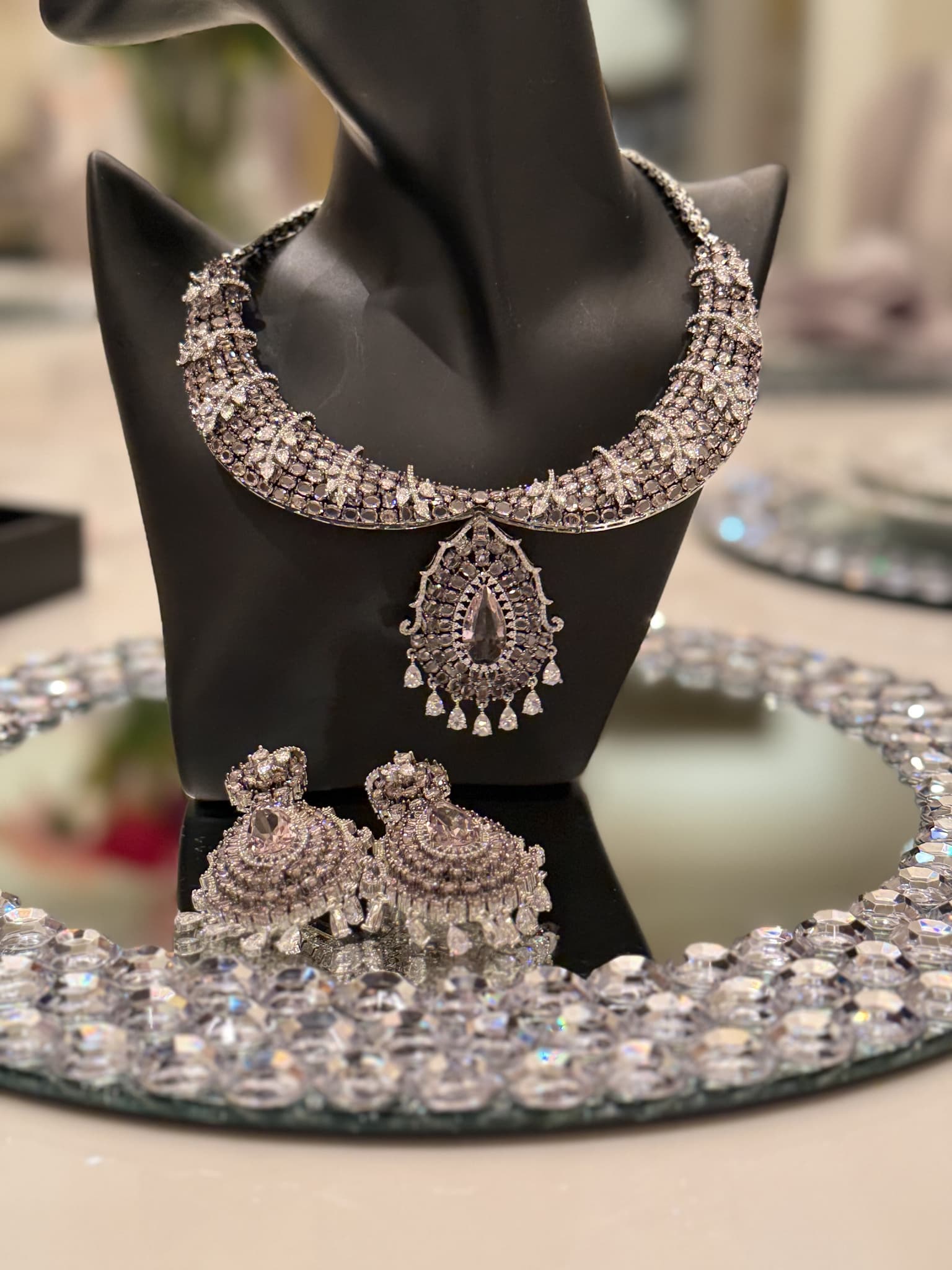Pink quartz Gemstone Floral Necklace Set