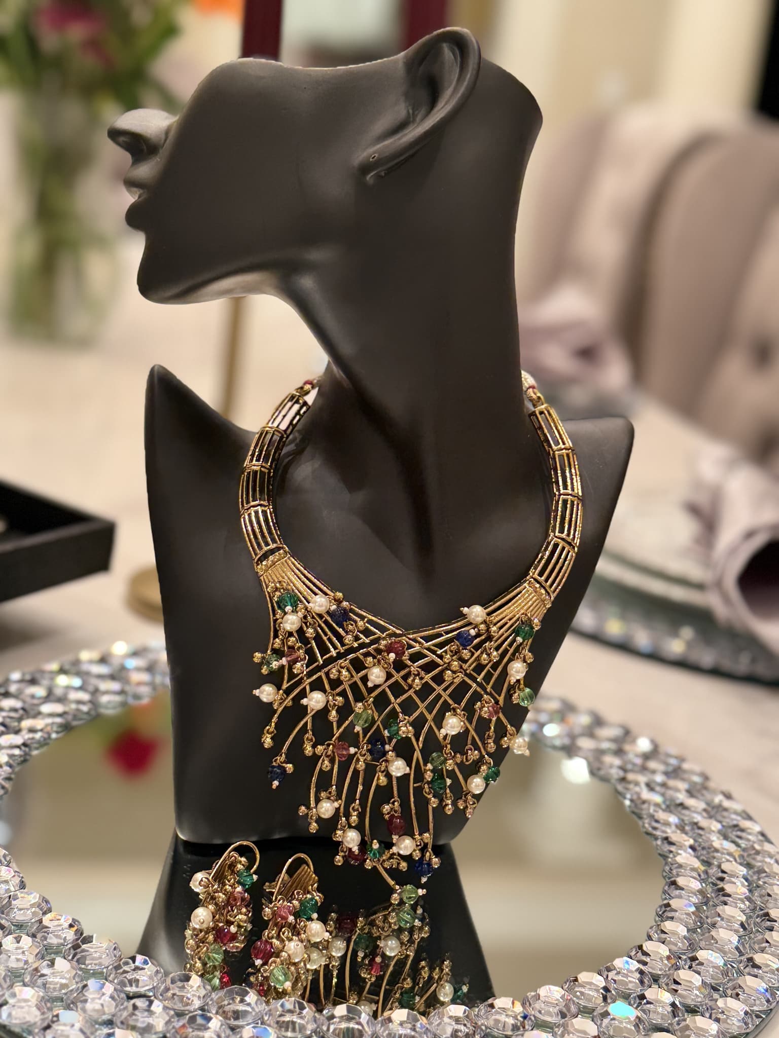 Floral Pearl Multi Stone Gold Necklace Set