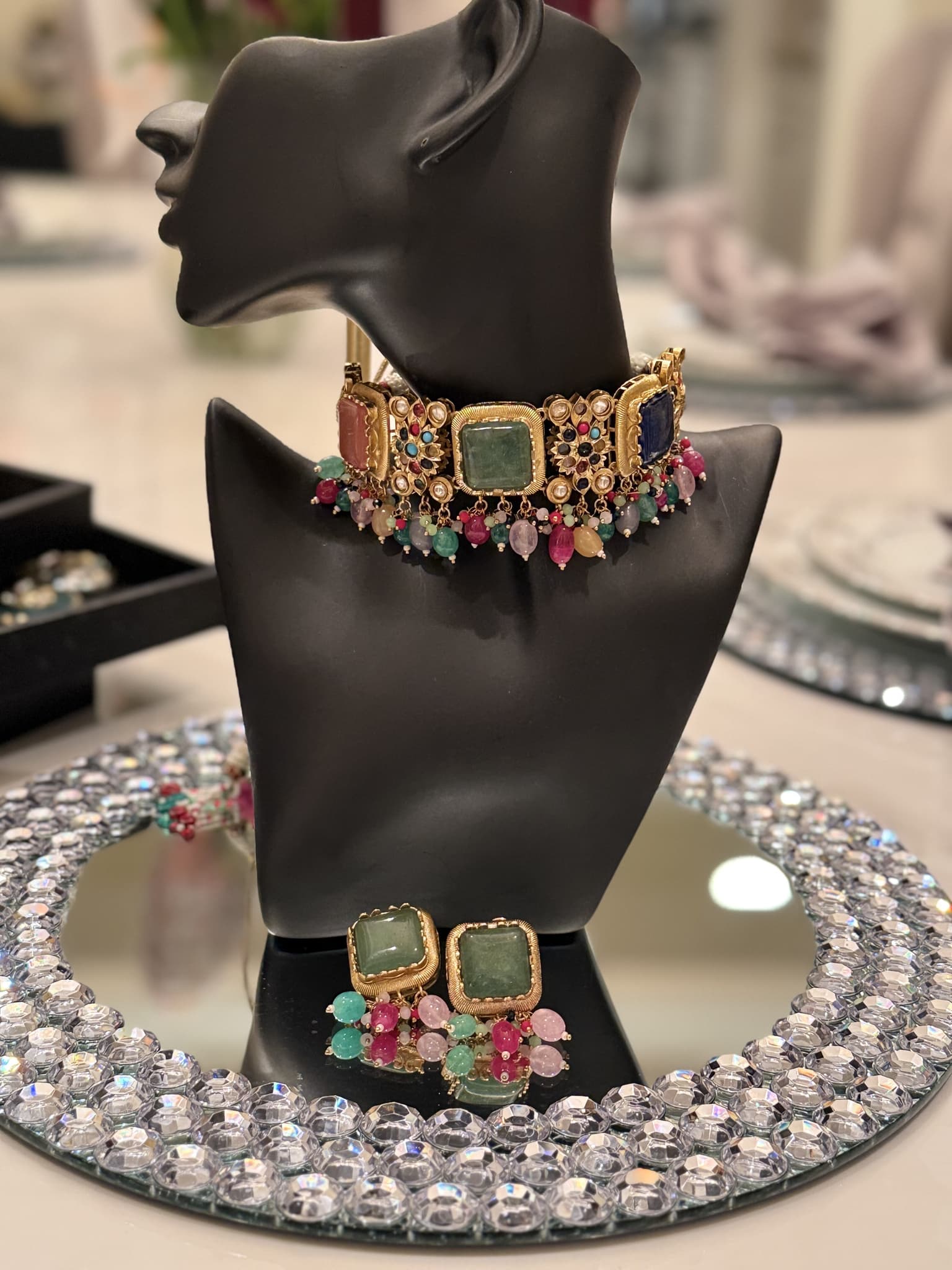 Multi Stone Gold Choker Set with Square Gemstones