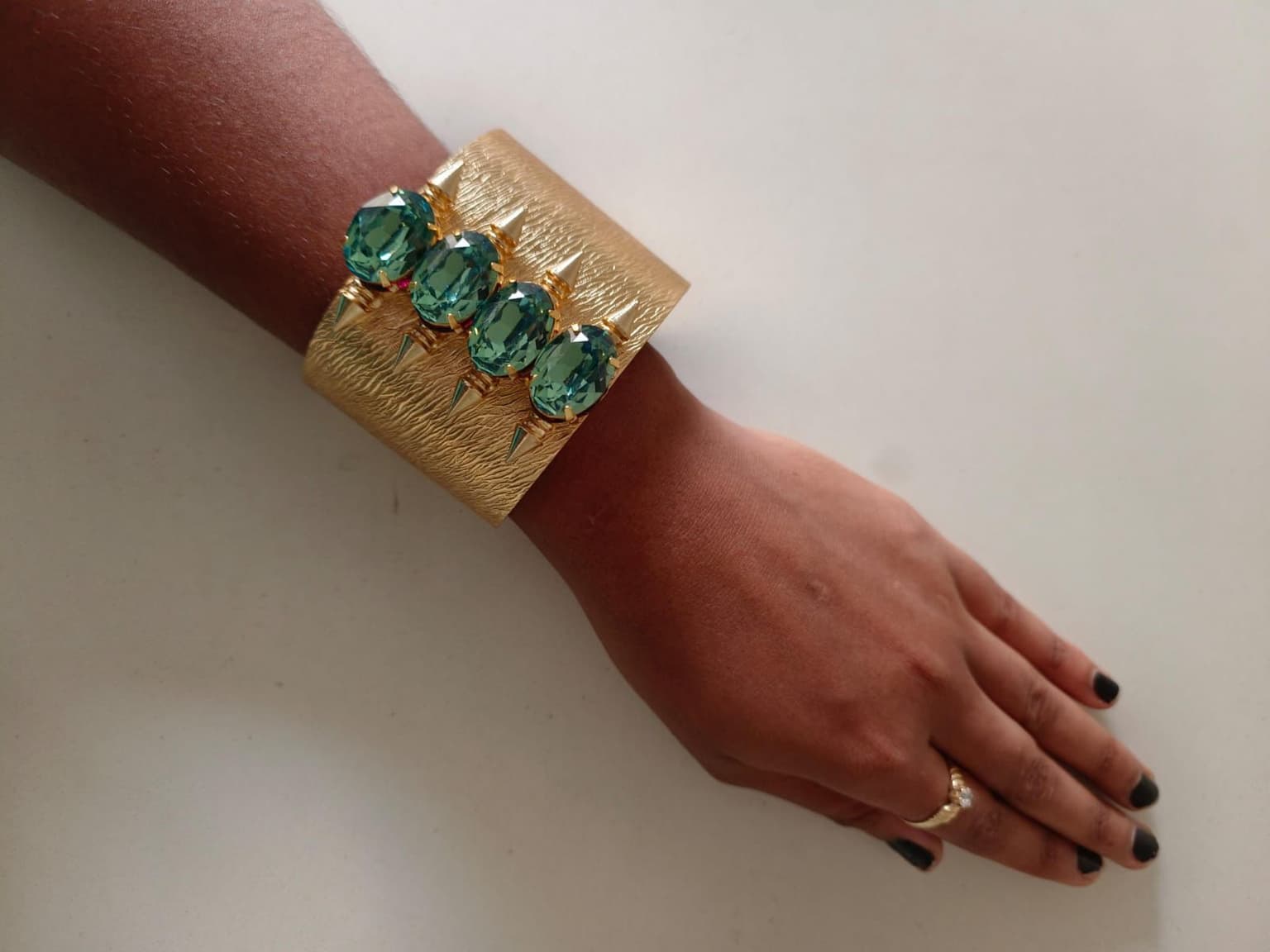Gold Wide Cuff with Green Gemstones and Spikes