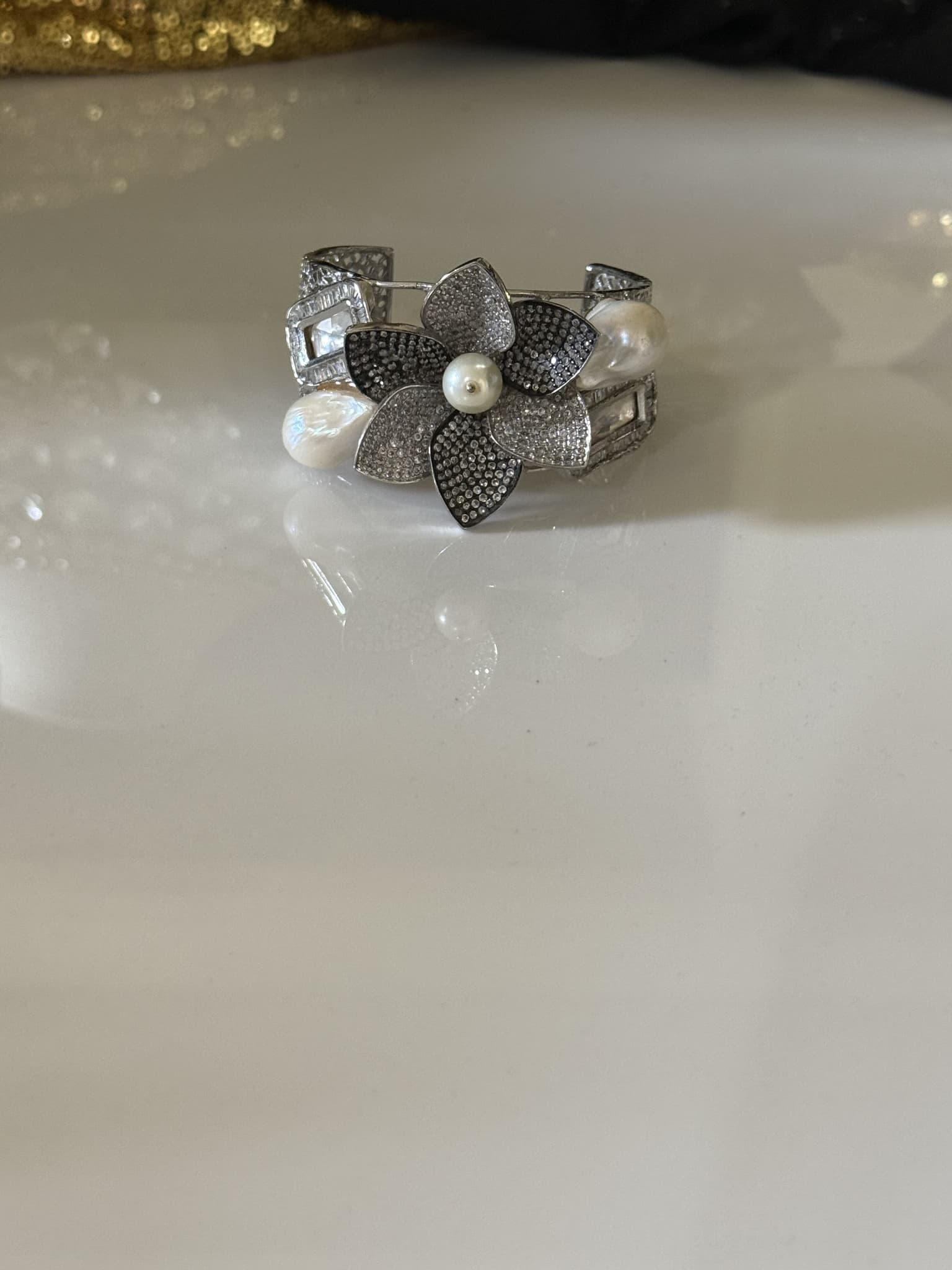 Silver Floral Pearl Cuff