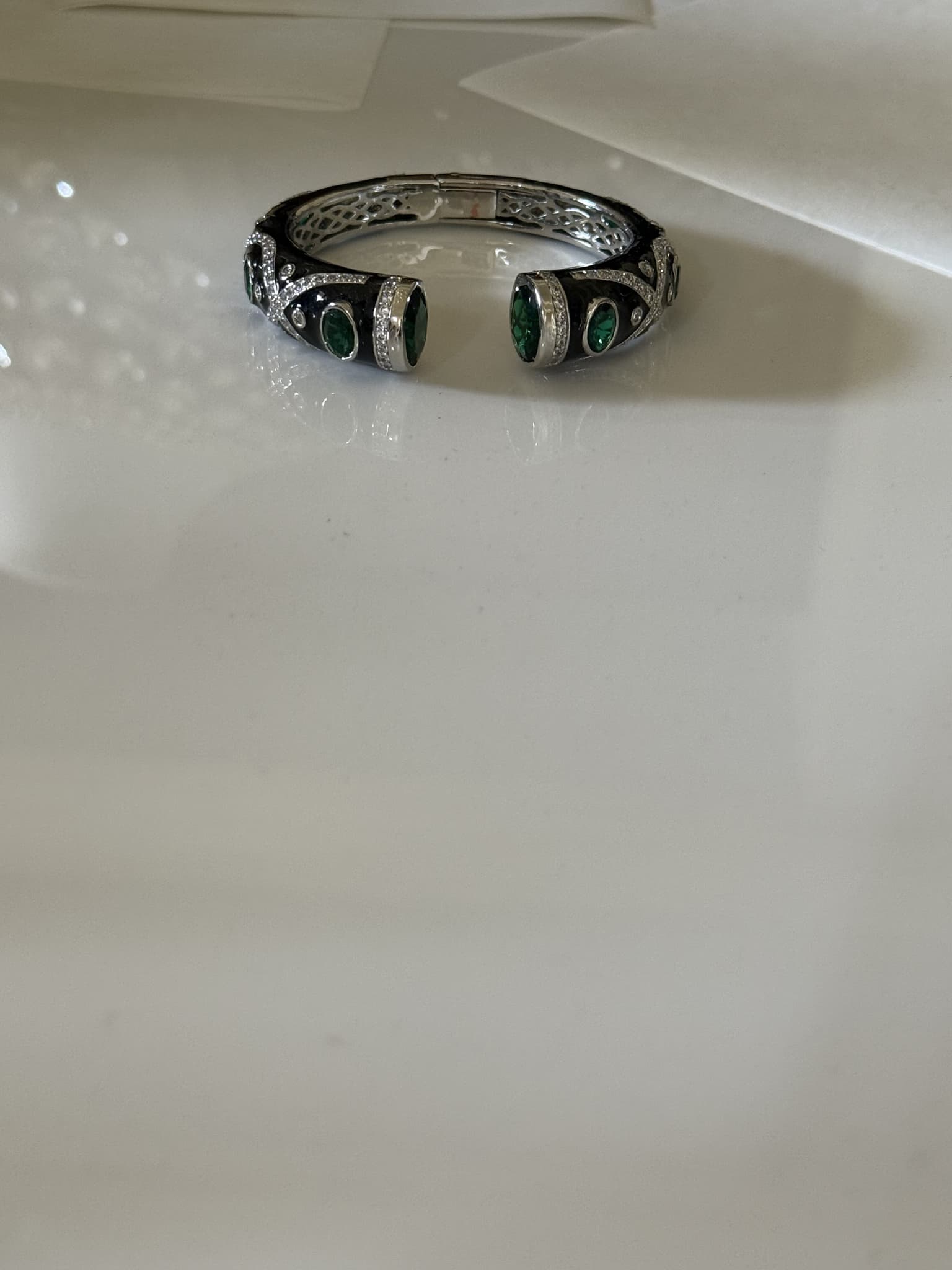 Emerald Silver Engraved Cuff