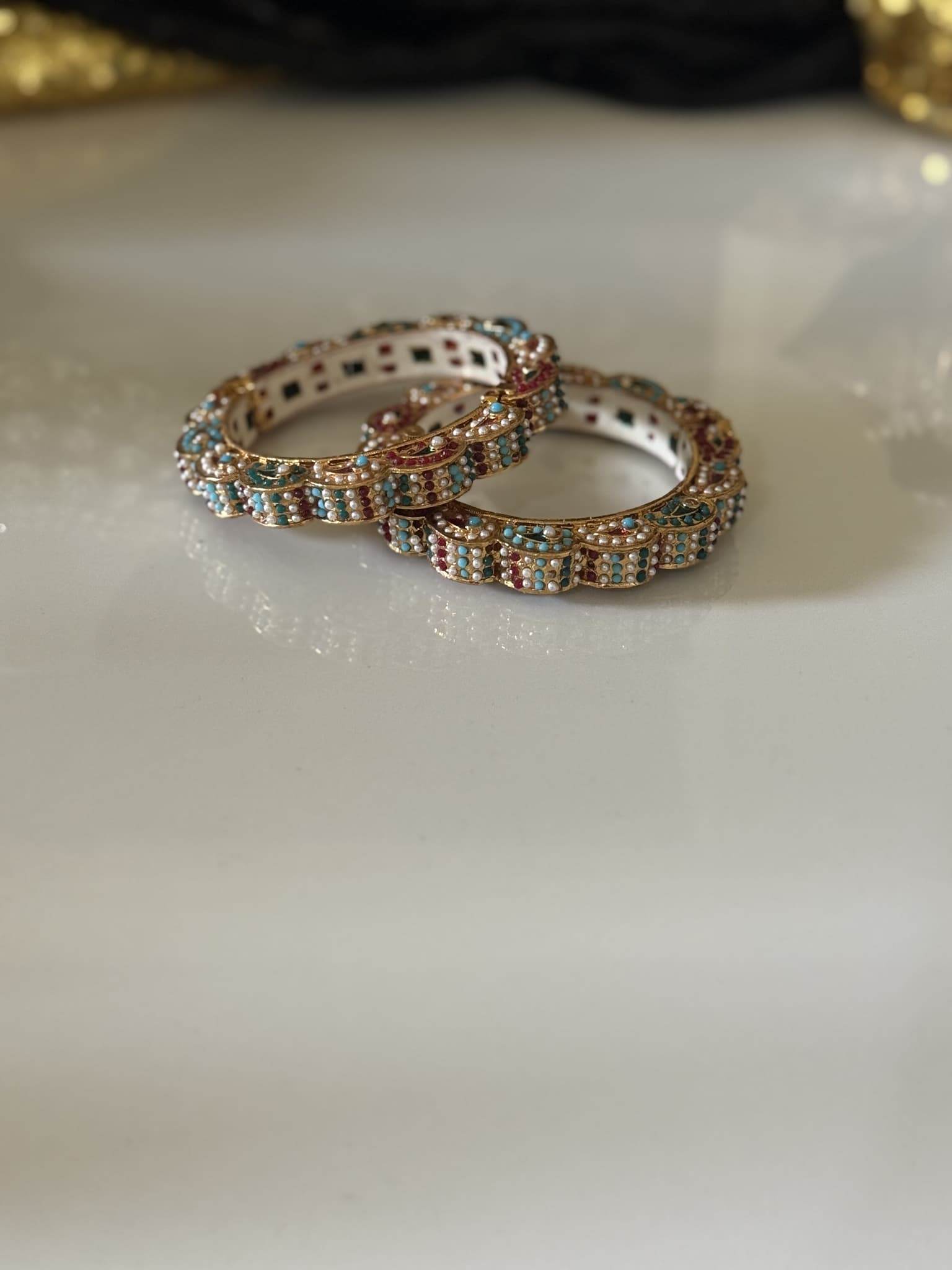 Colorful Turquoise and Ruby Meena Bangle Set