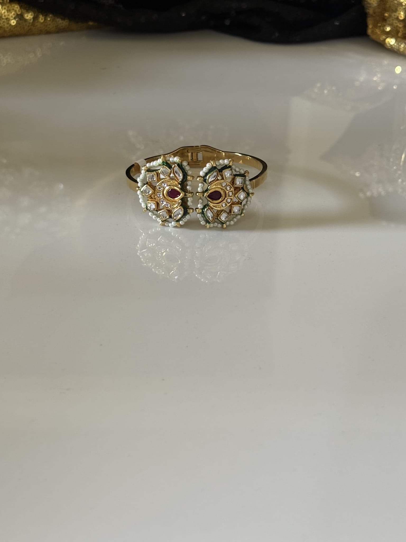 Gold Kundan Pearl Open Cuff