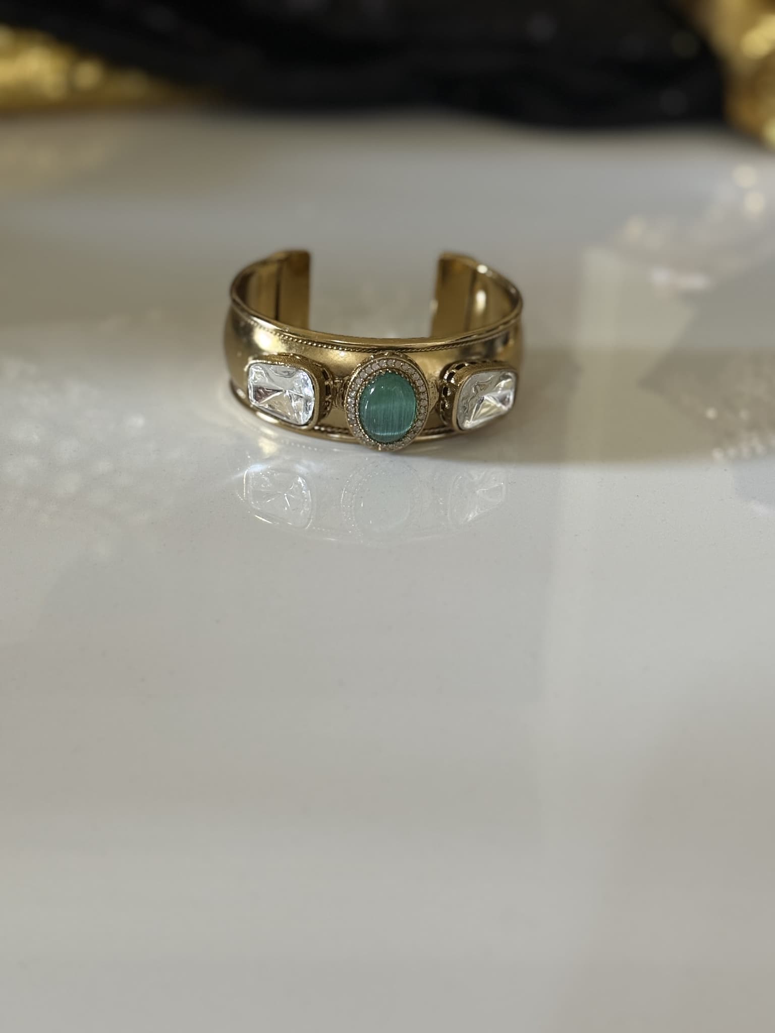 Gold Cuff with Green and Clear Stones