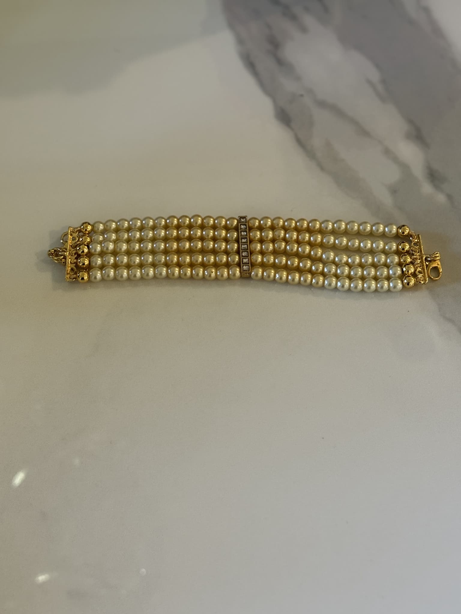 Five-Row Pearl Bracelet with Central Diamond Bar