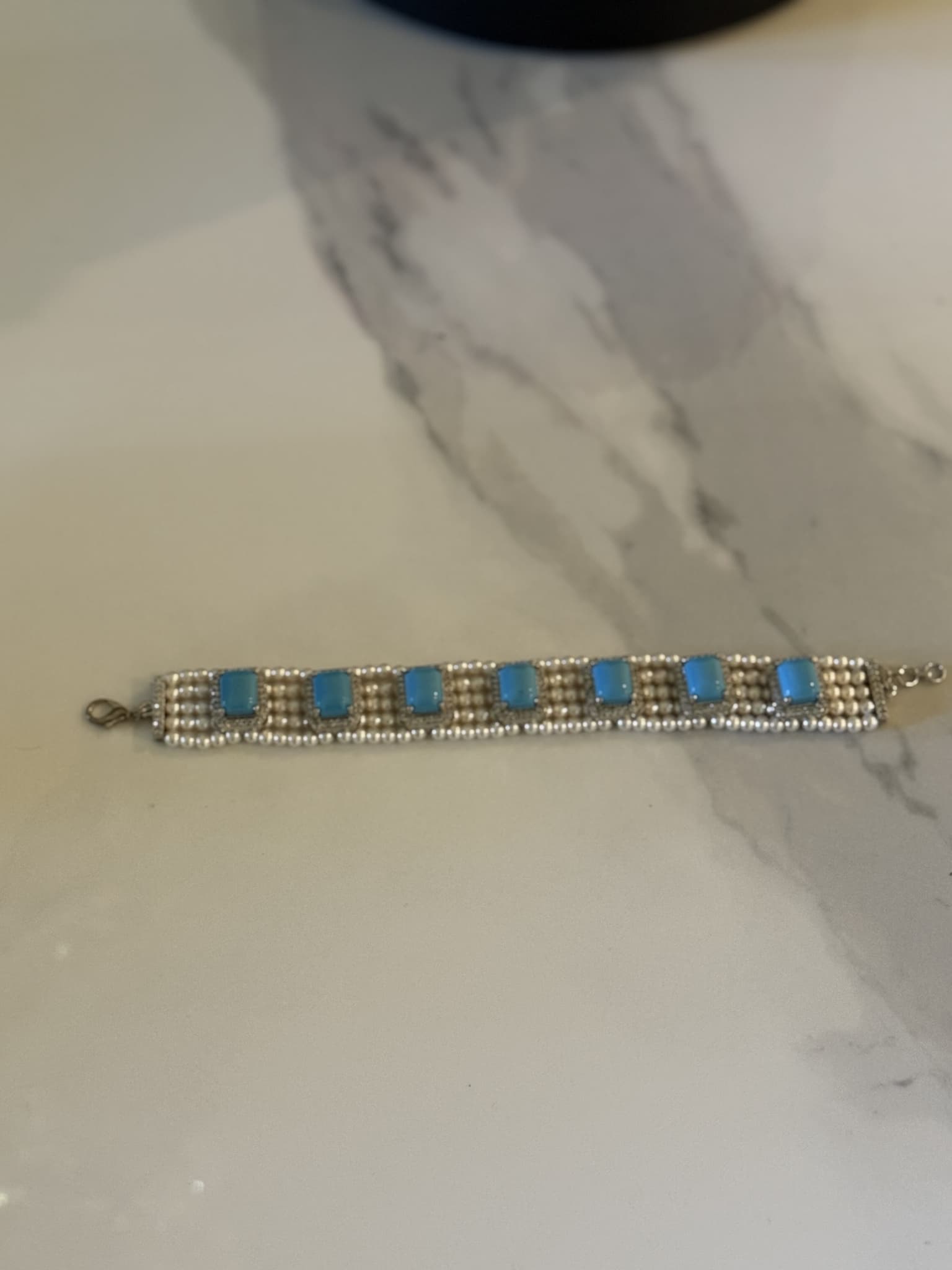 Blue Stone and Pearl Weave Bracelet