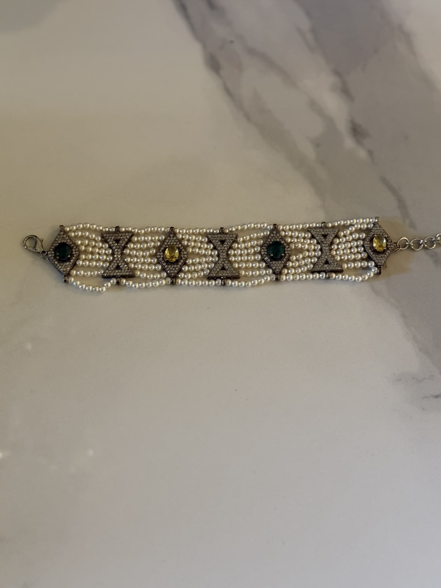 Pearl Multi-Row Bracelet with Emerald and Citrine Motifs