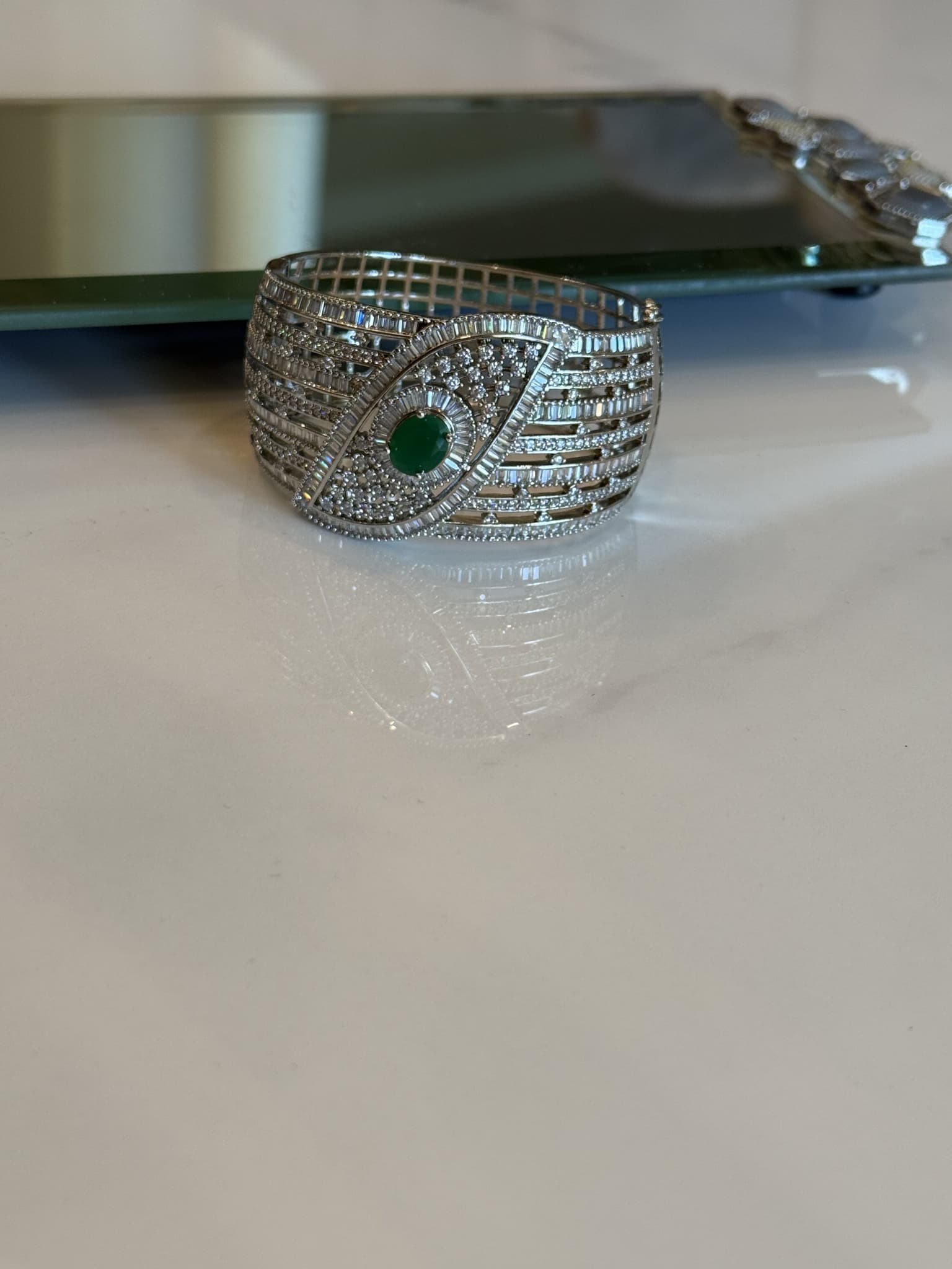 Wide Silver Cuff with Emerald and Diamond Eye Motif