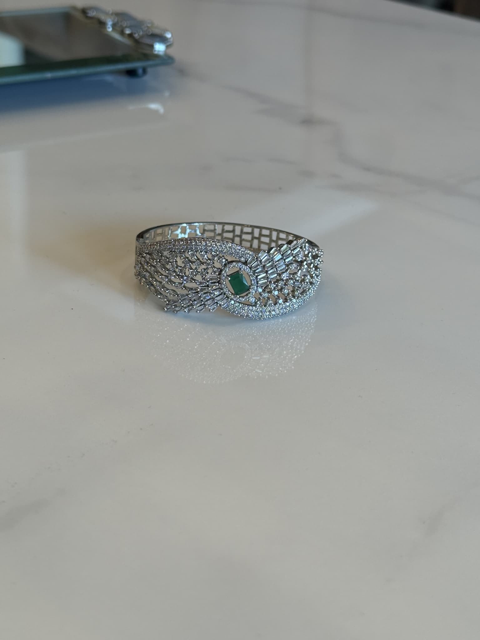 Emerald Silver Engraved Wide Cuff