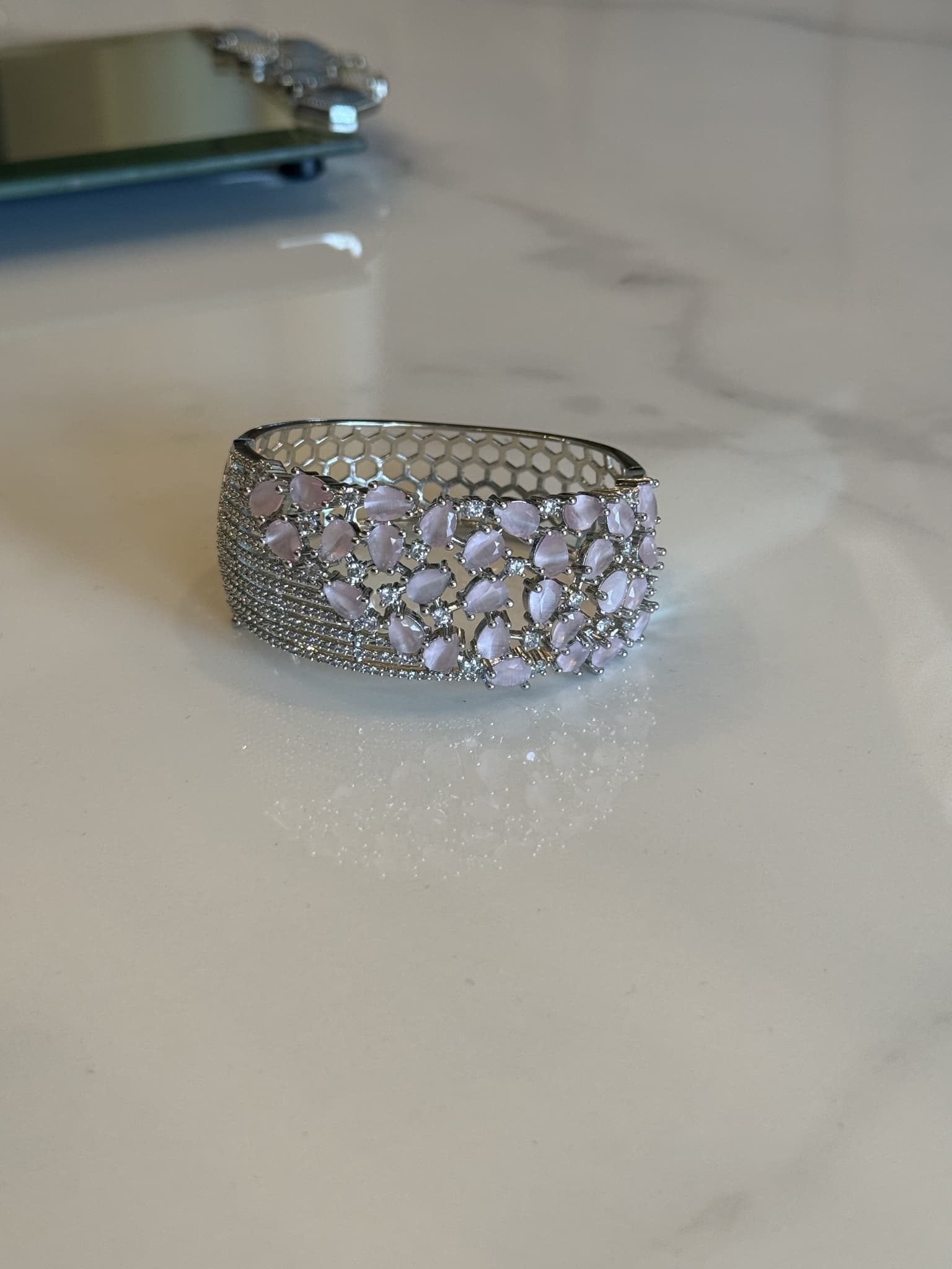 Pink Cat's Eye Gemstone Mesh Cuff