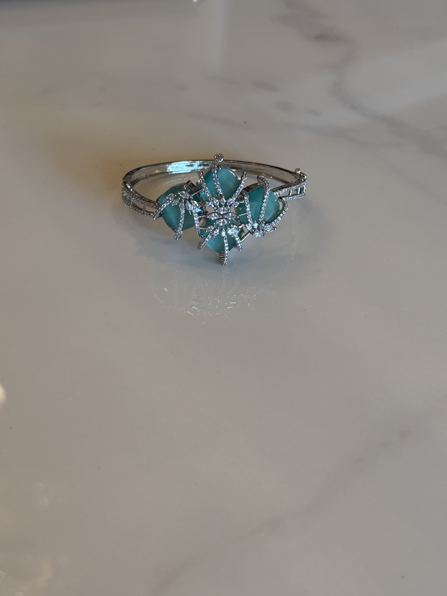 Silver Aqua Blue Crystal Cuff