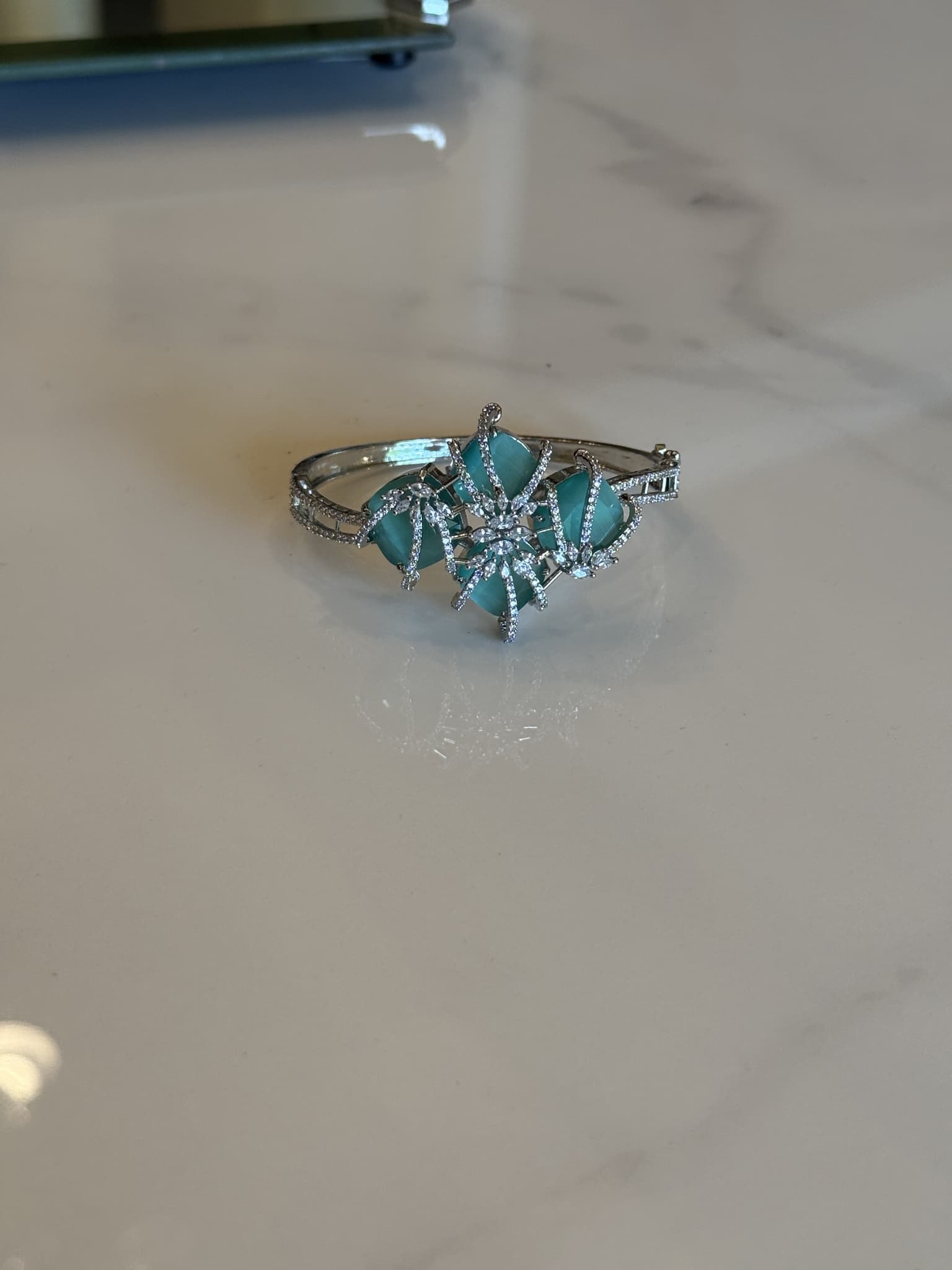 Silver Aqua Blue Crystal Cuff