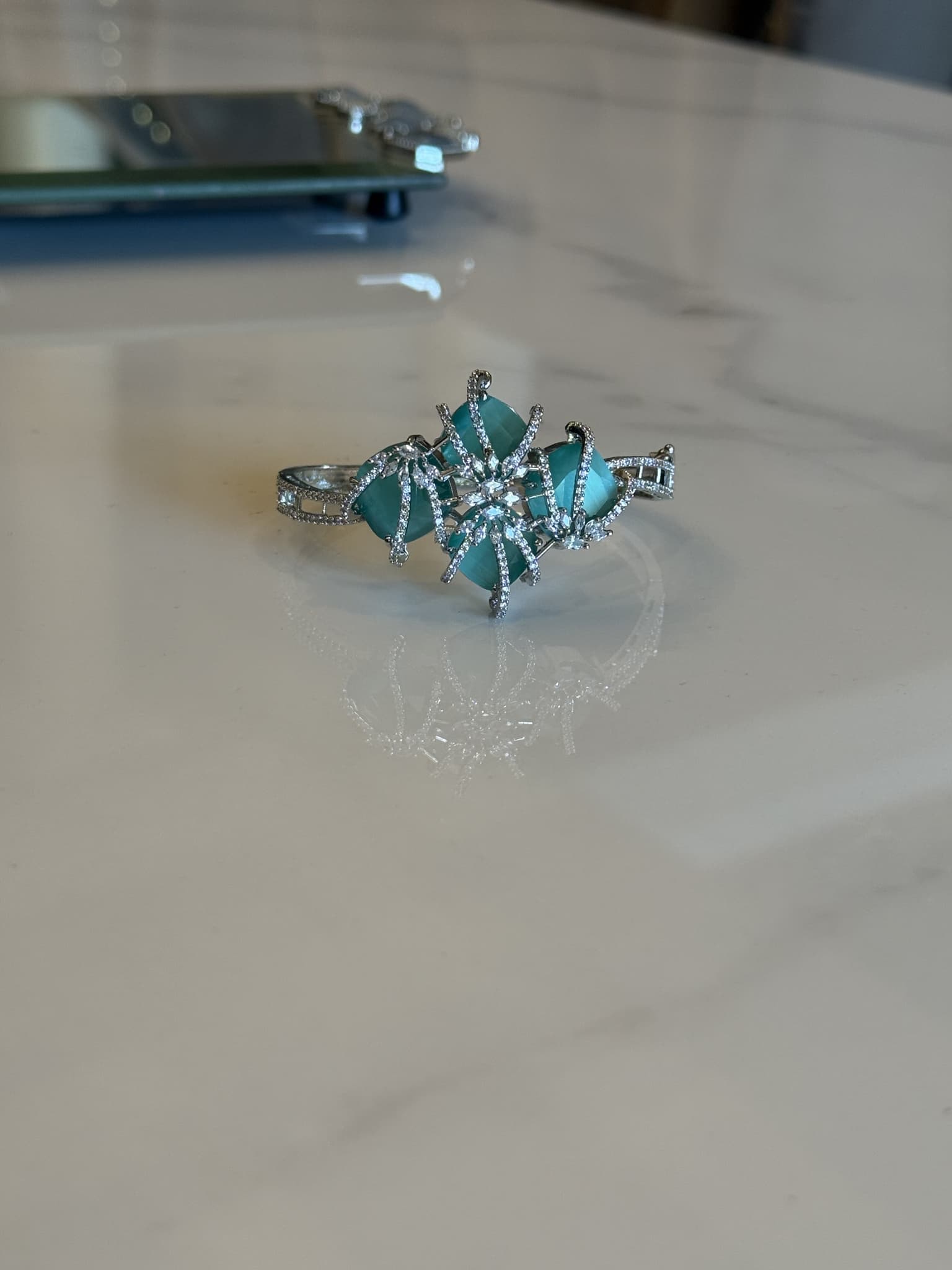 Silver Aqua Blue Crystal Cuff