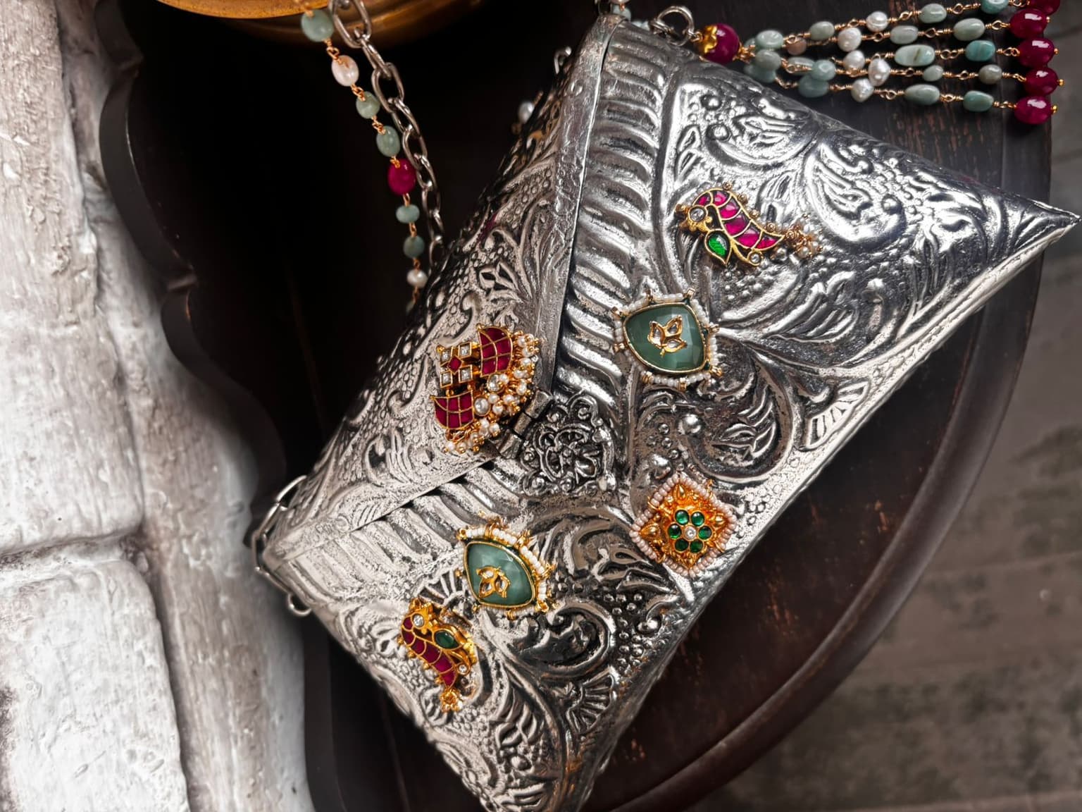 Silver Bird Embossed Clutch