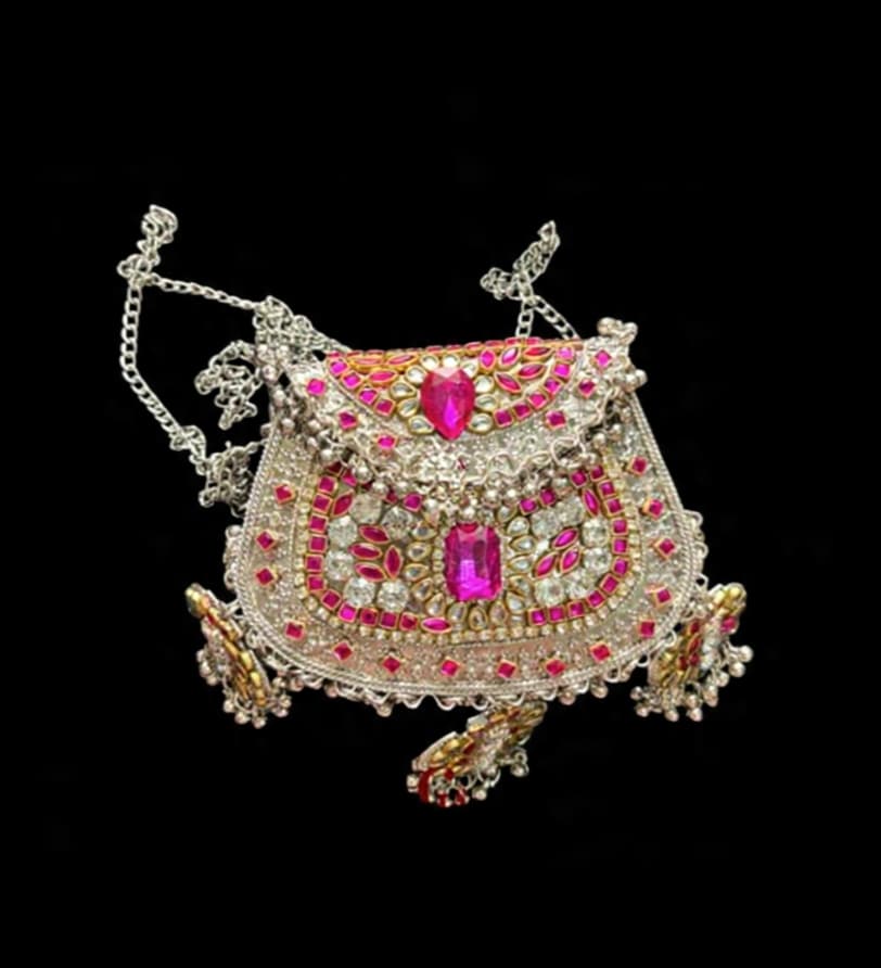 Pink Gemstone Kundan Clutch with Chain