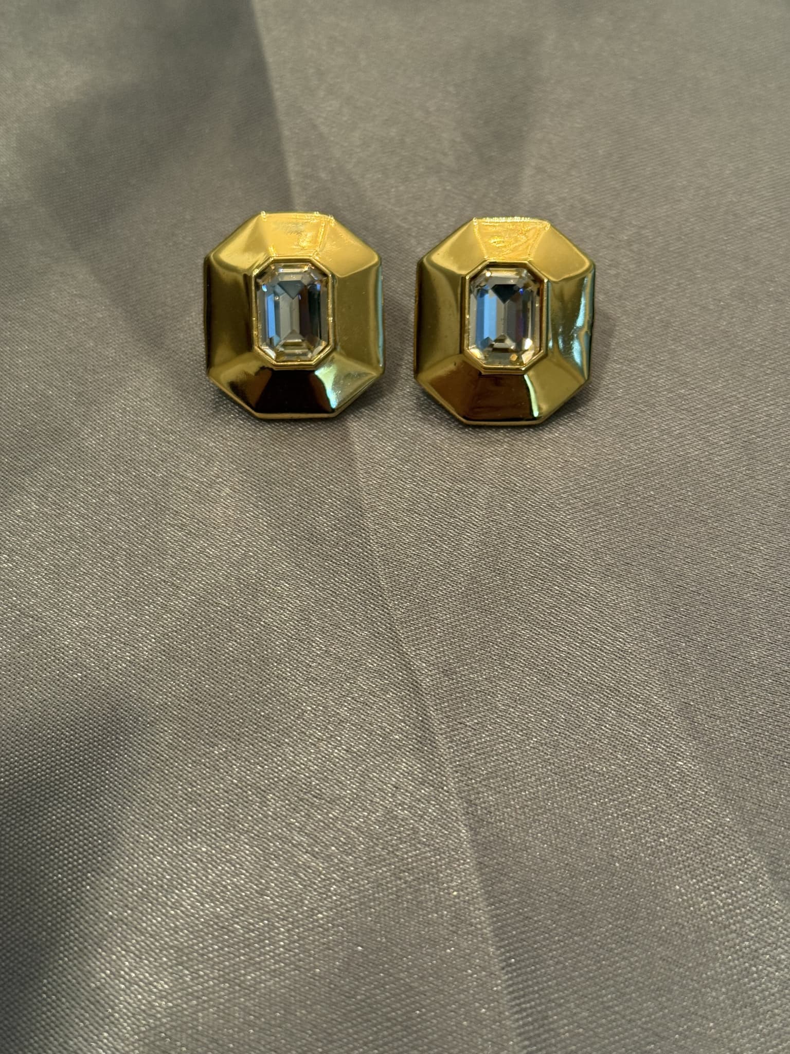 Gold Octagonal Clear Crystal Stud Earrings