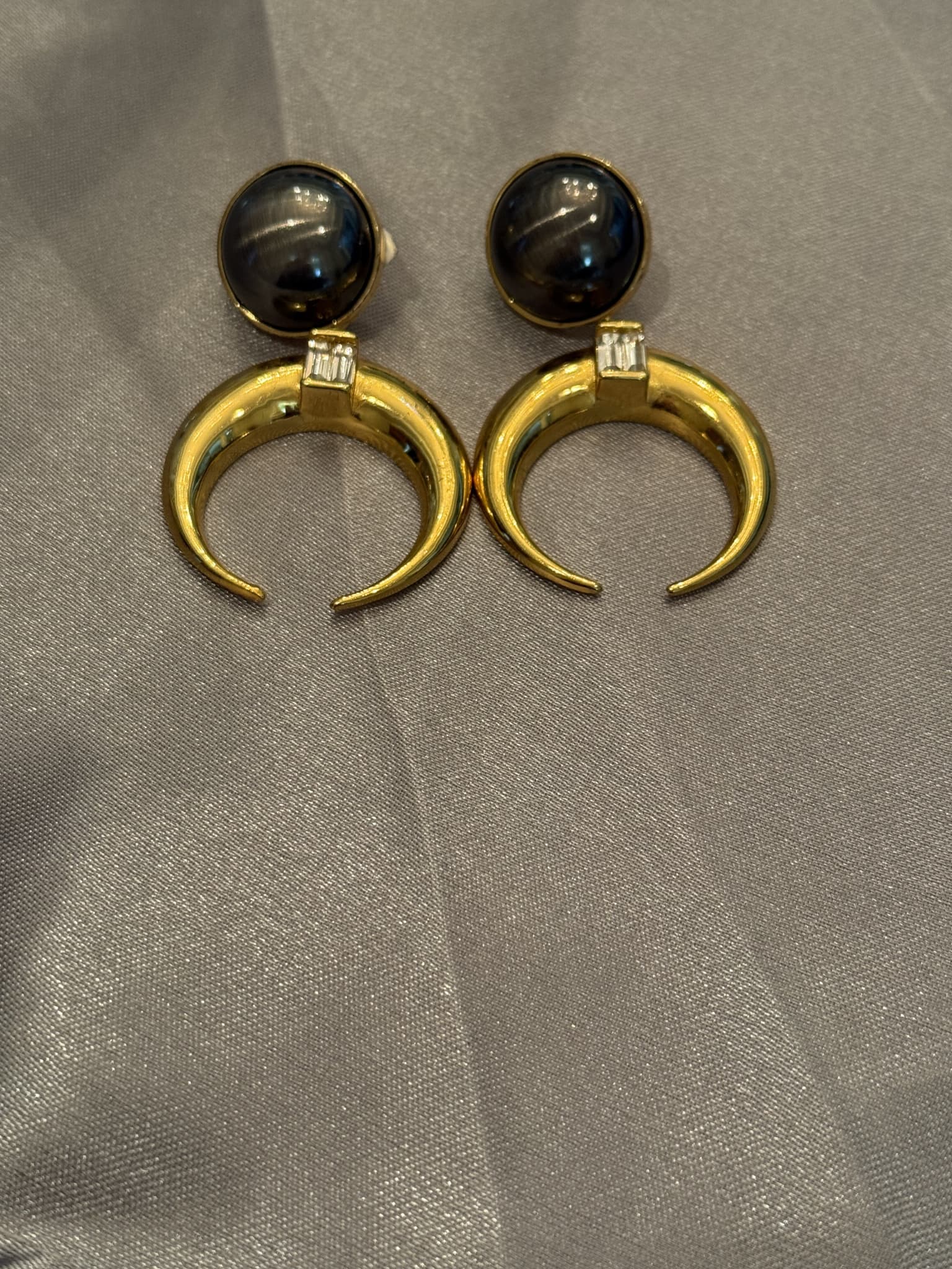 Gold Crescent Hoop Earrings with Dark Pearl