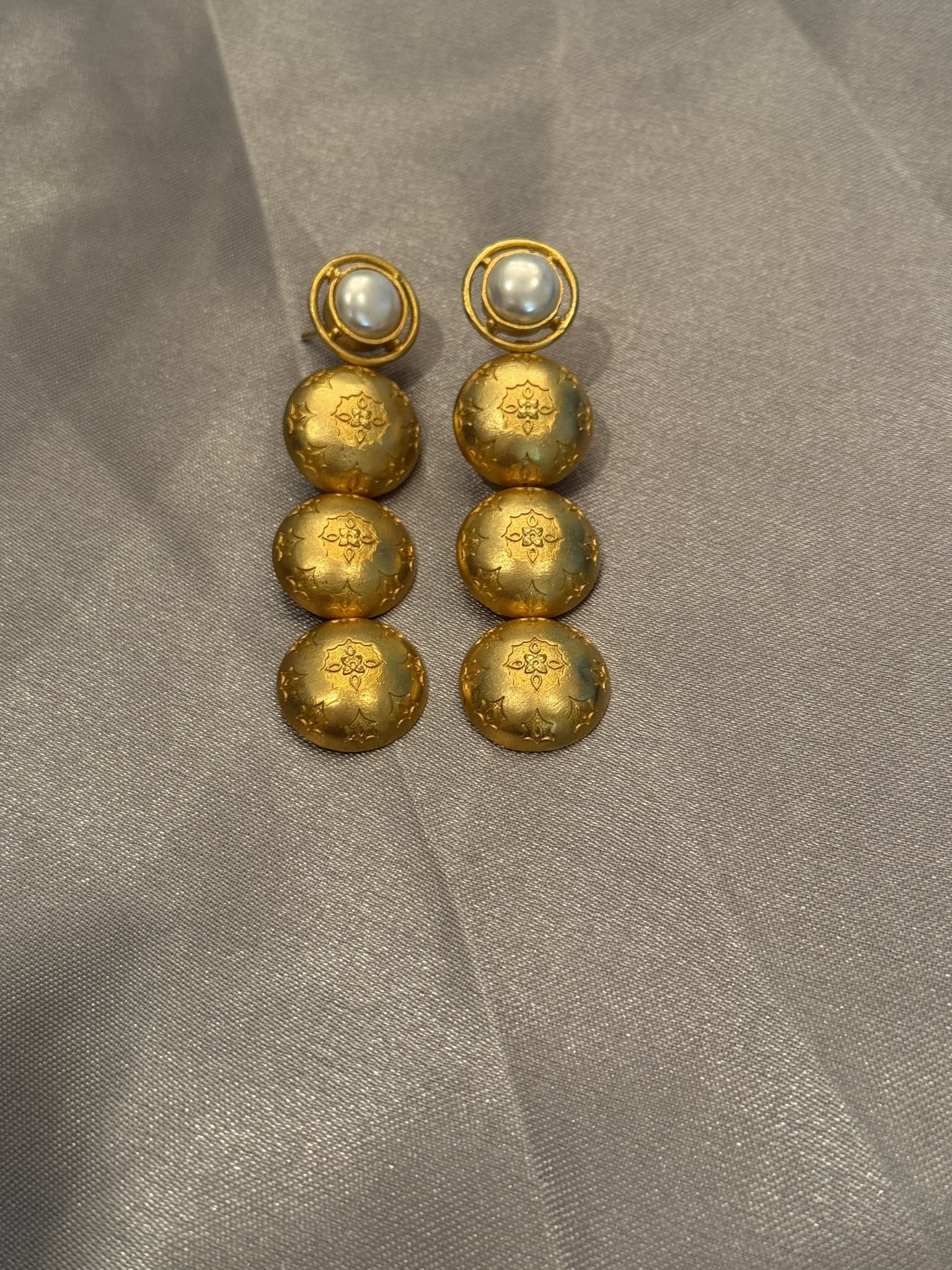 Gold Triple Domed Disc Drop Earrings with Pearl Stud