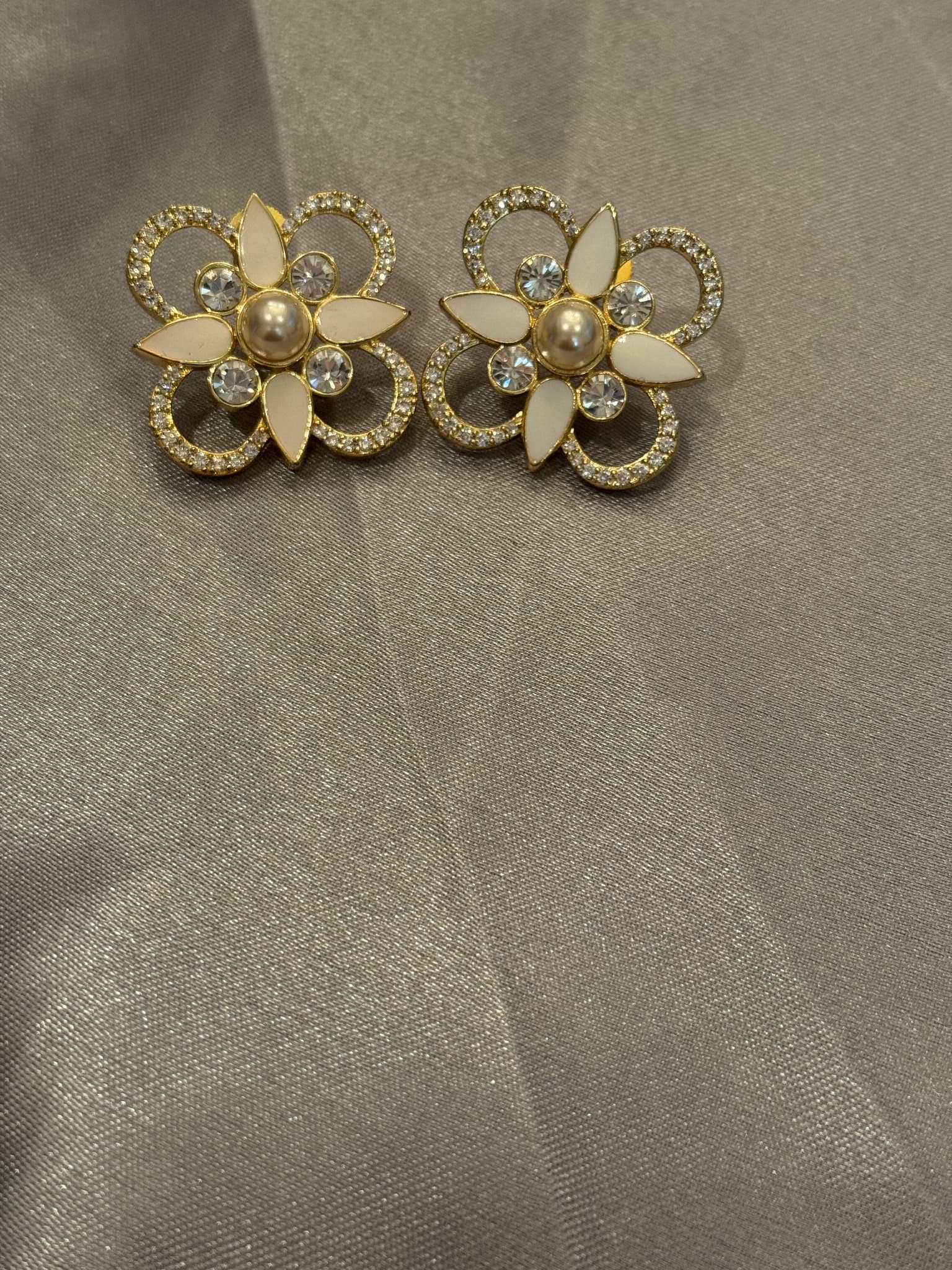 Gold Floral Drop Earrings with Pearl and Crystal Accents