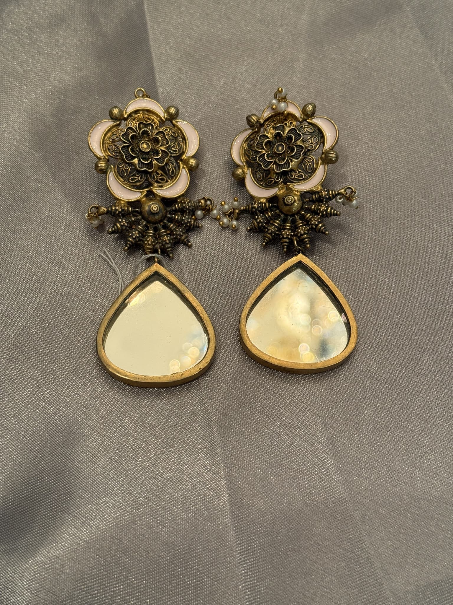 Gold Mirror Drop Earrings with Floral Top