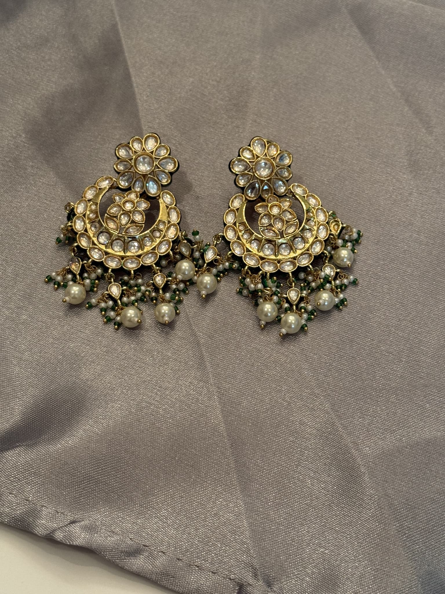 Kundan Green Pearled Chandbali Earrings
