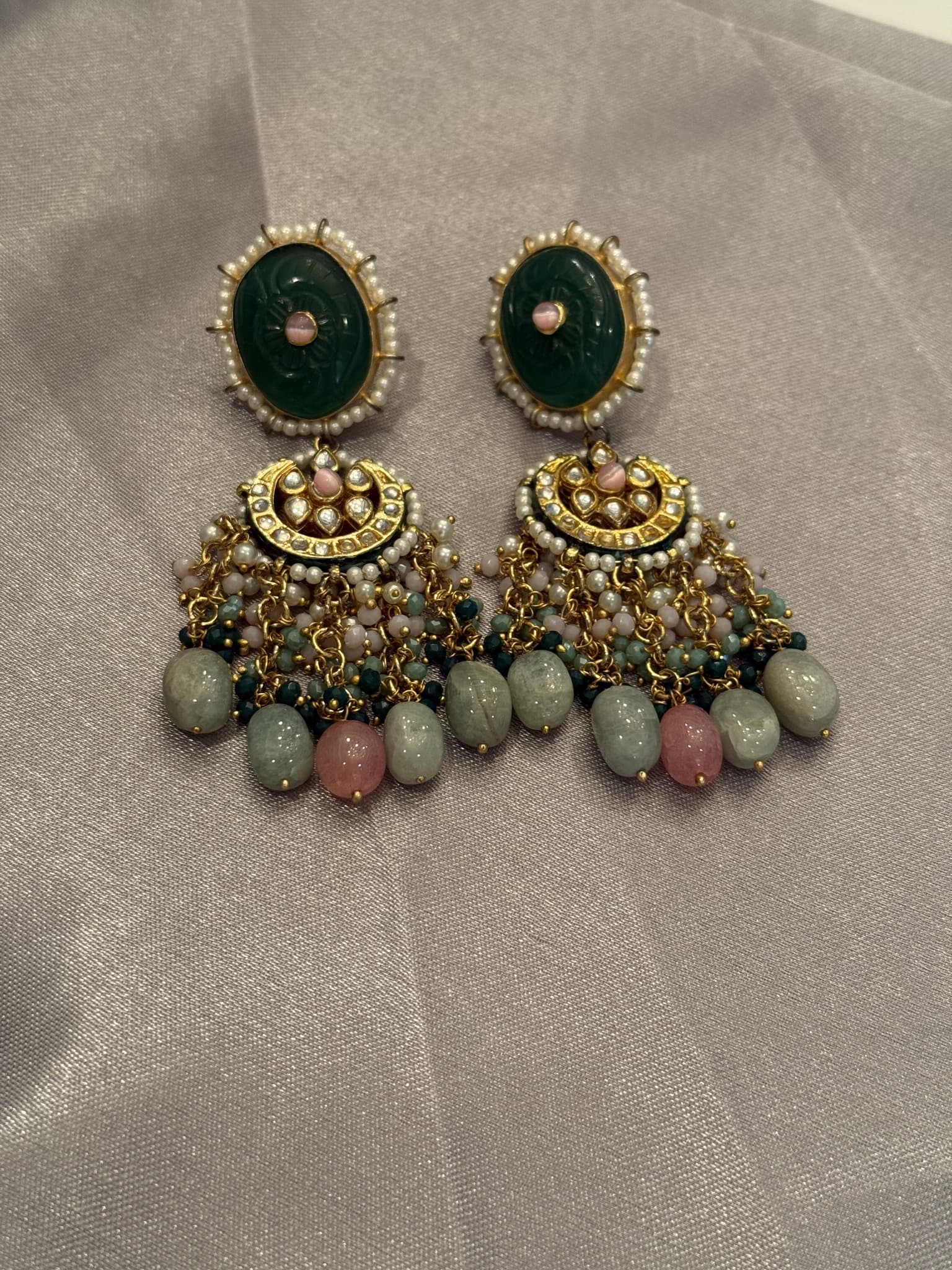 Kundan Green and Ruby Pearled Chandbali Earrings