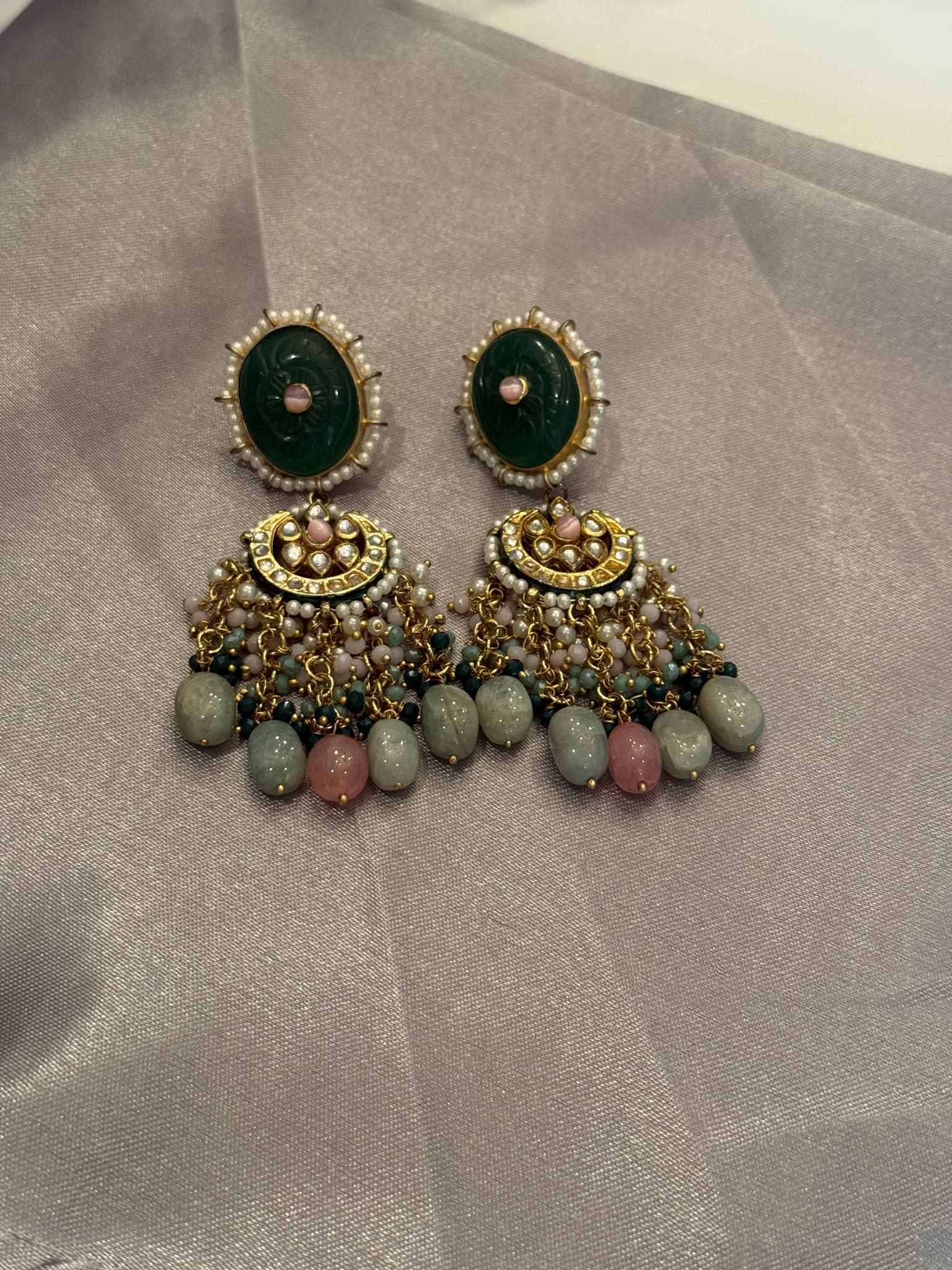 Kundan Ruby Pink Pearl Cluster Earrings