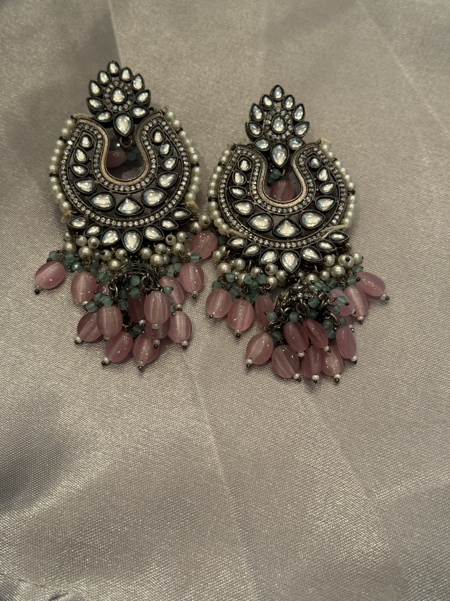 Pink Bead Pearl Chandbali Earrings