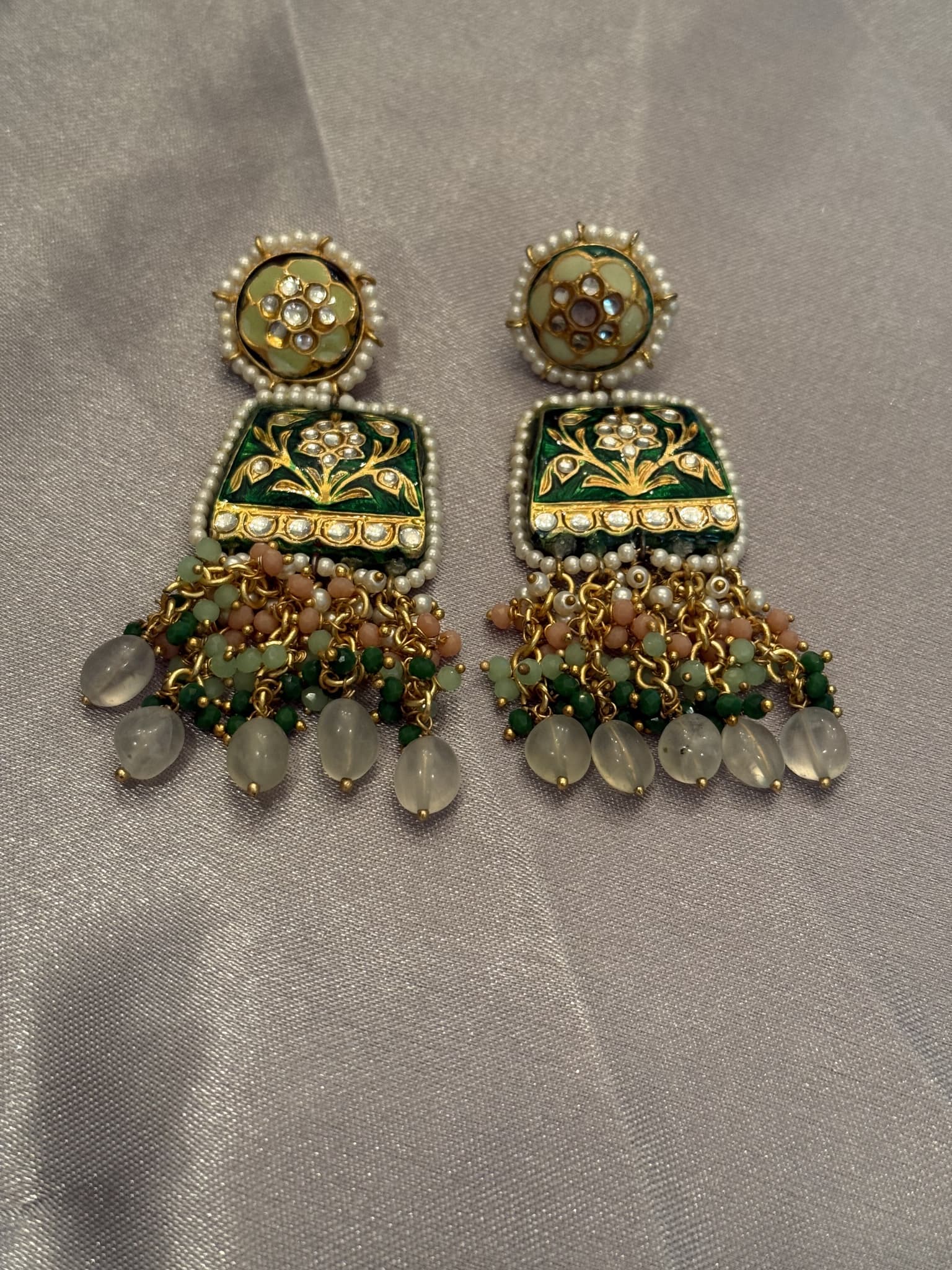 Green Bead Pearl Drop Earrings