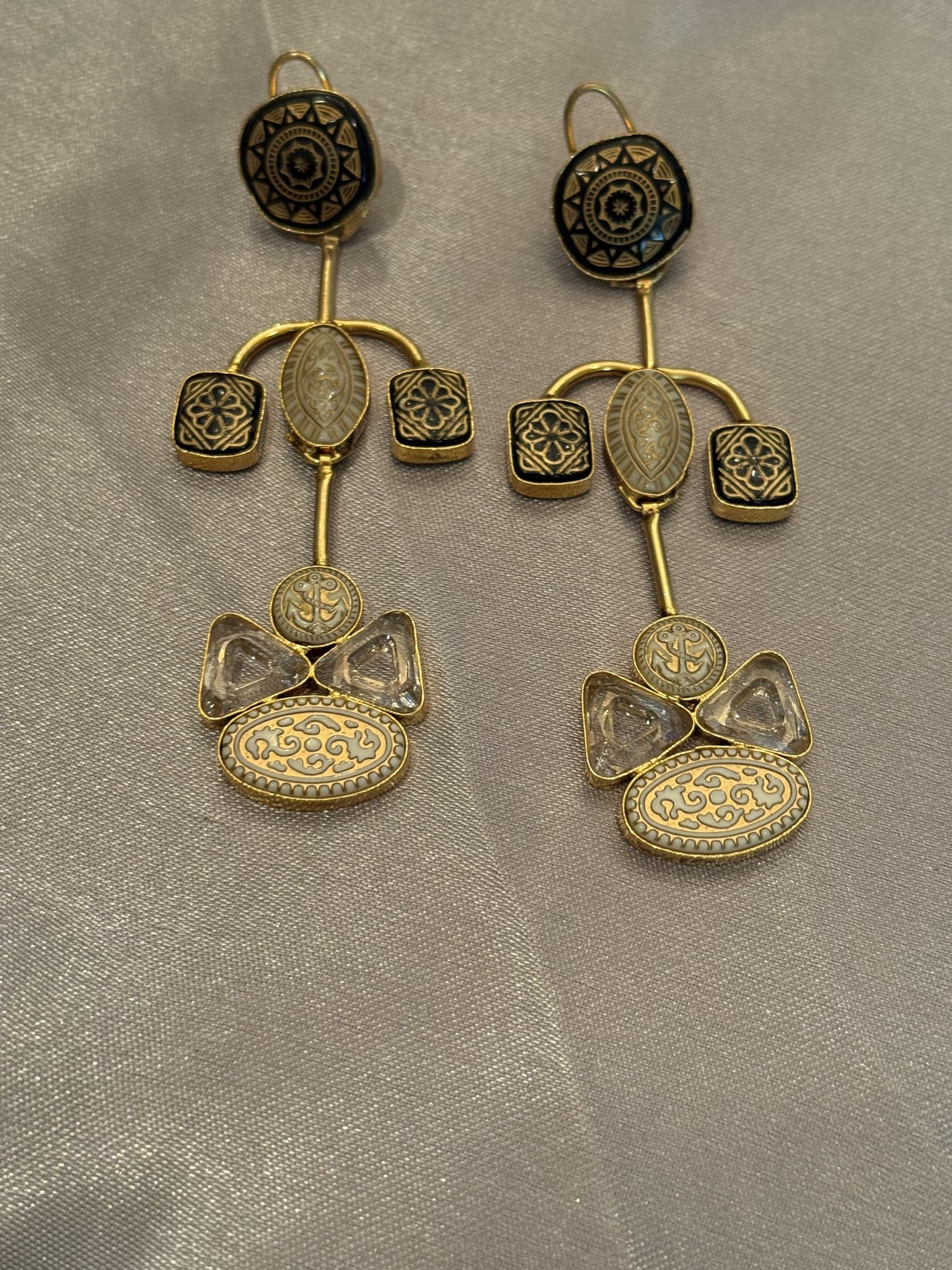 Gold Enamel and Clear Stone Drop Earrings