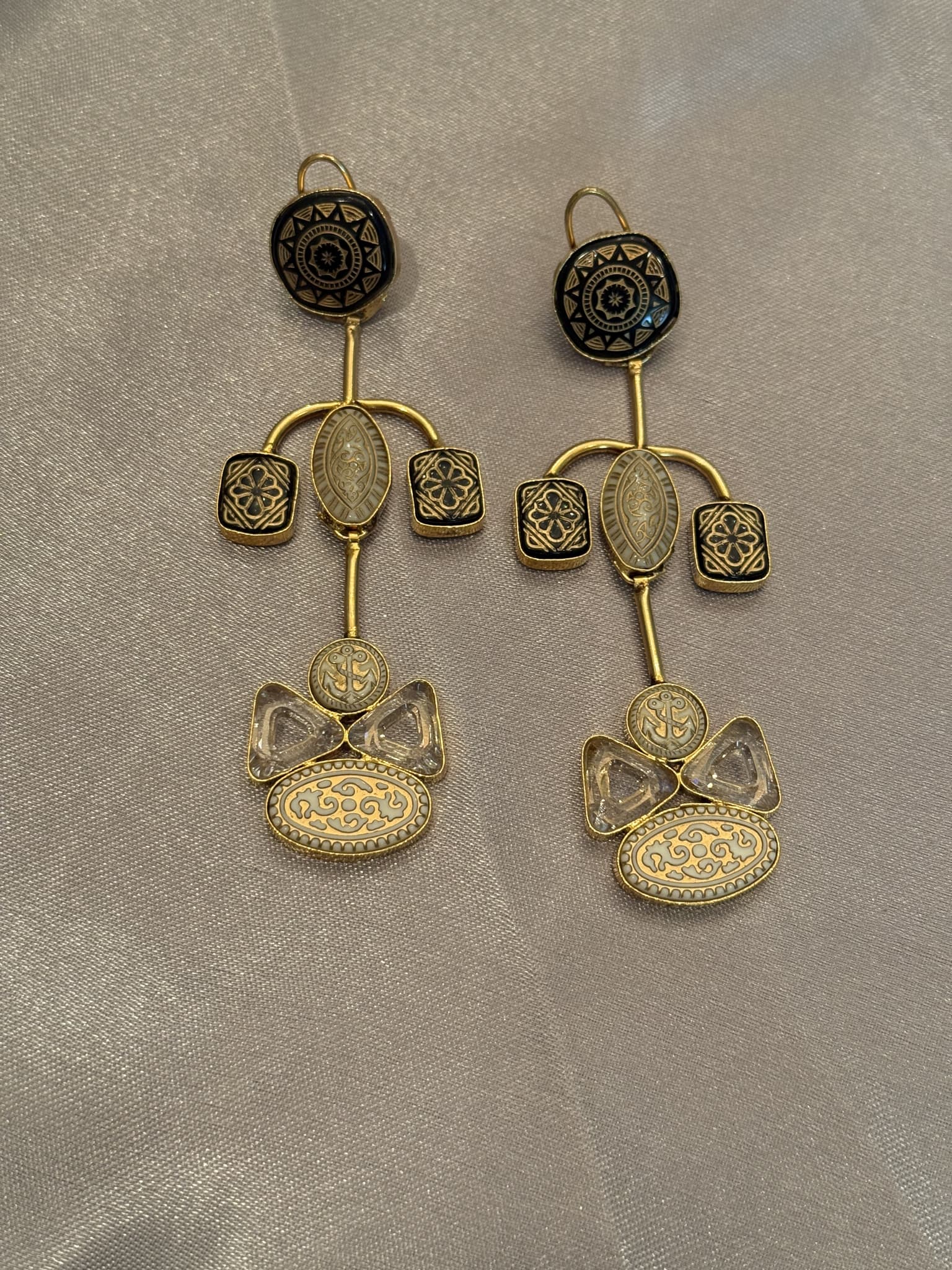 Gold Enamel and Clear Stone Drop Earrings