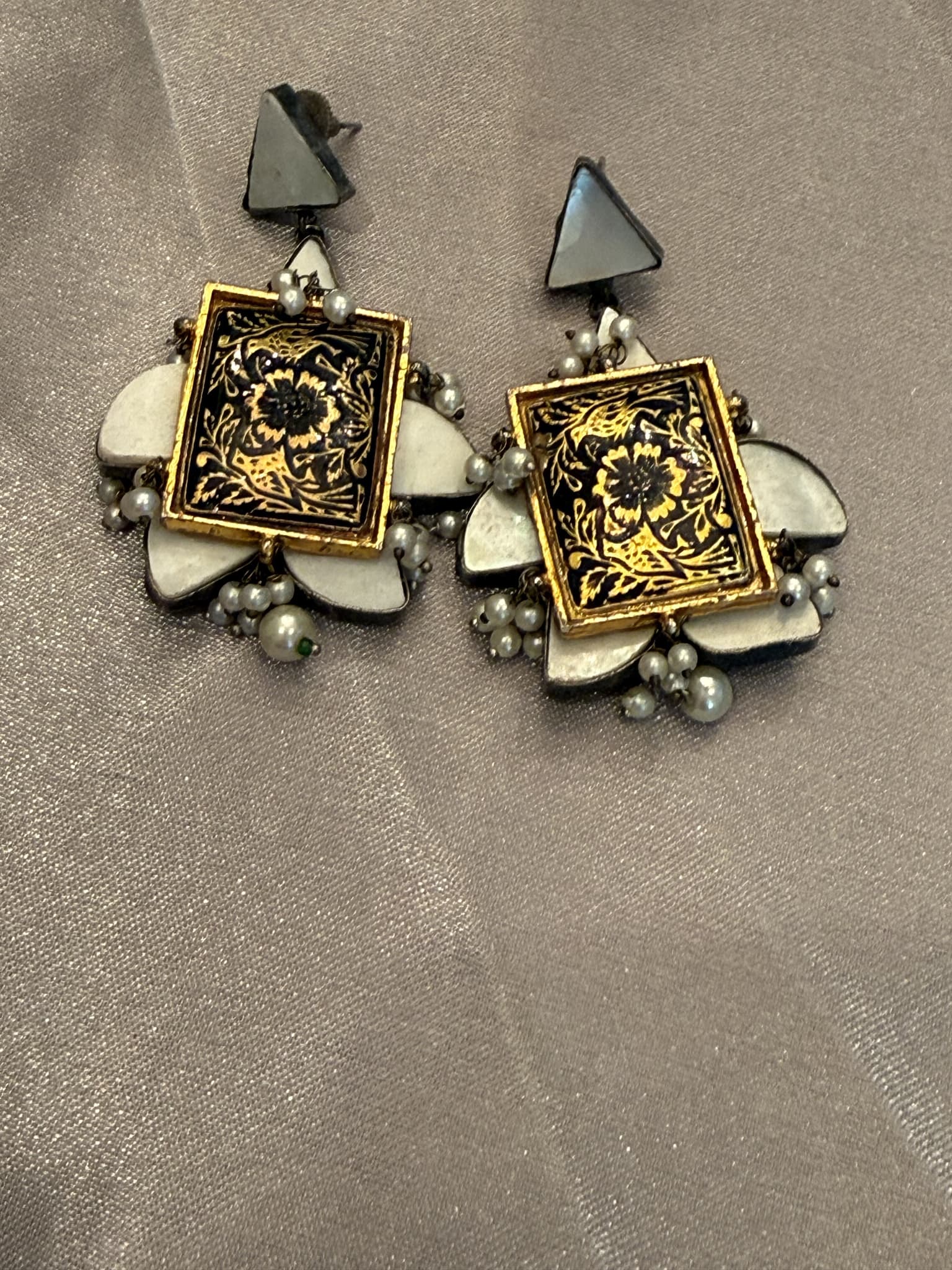 Black and Gold Floral Stud Earrings