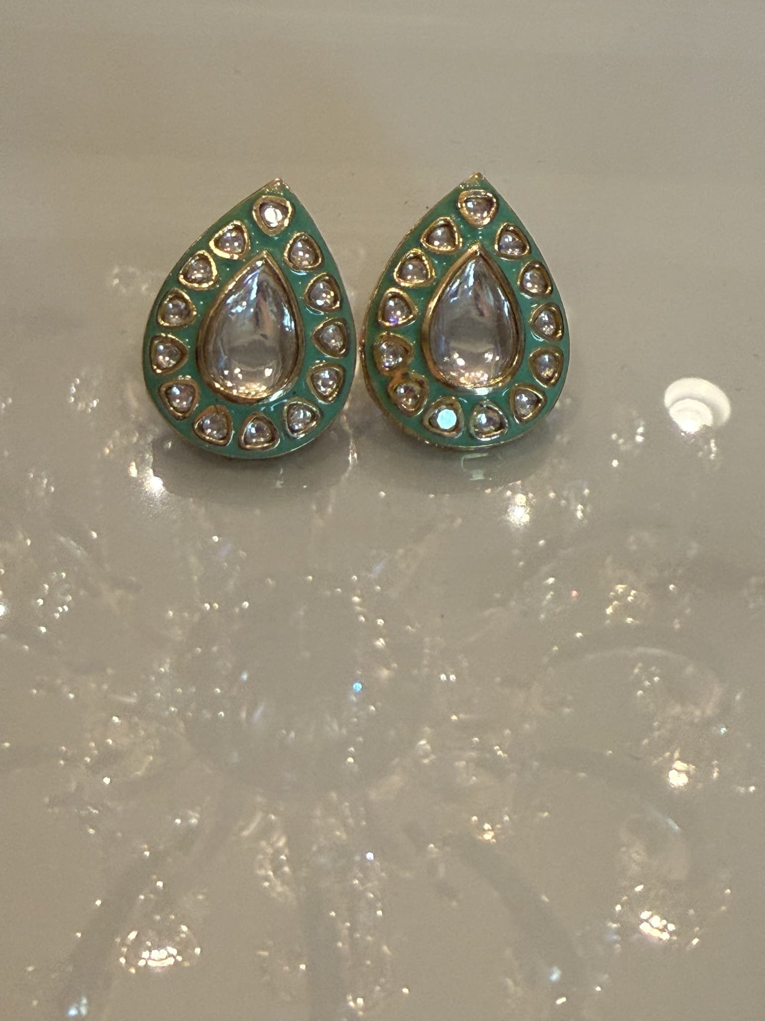 Green Enamel and Diamond Pear Drop Stud Earrings