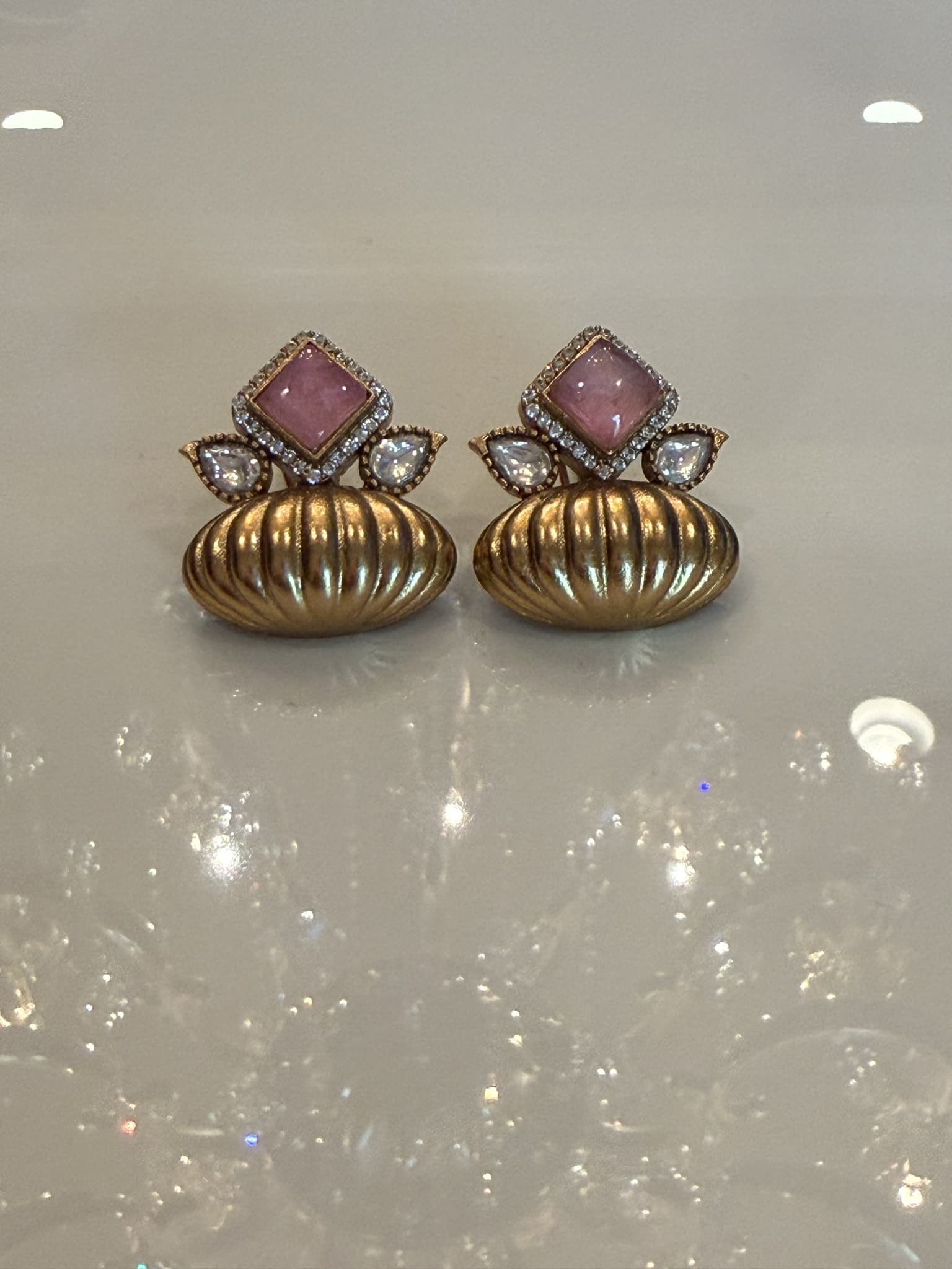 Matte Gold and Pink Square Drop Earrings