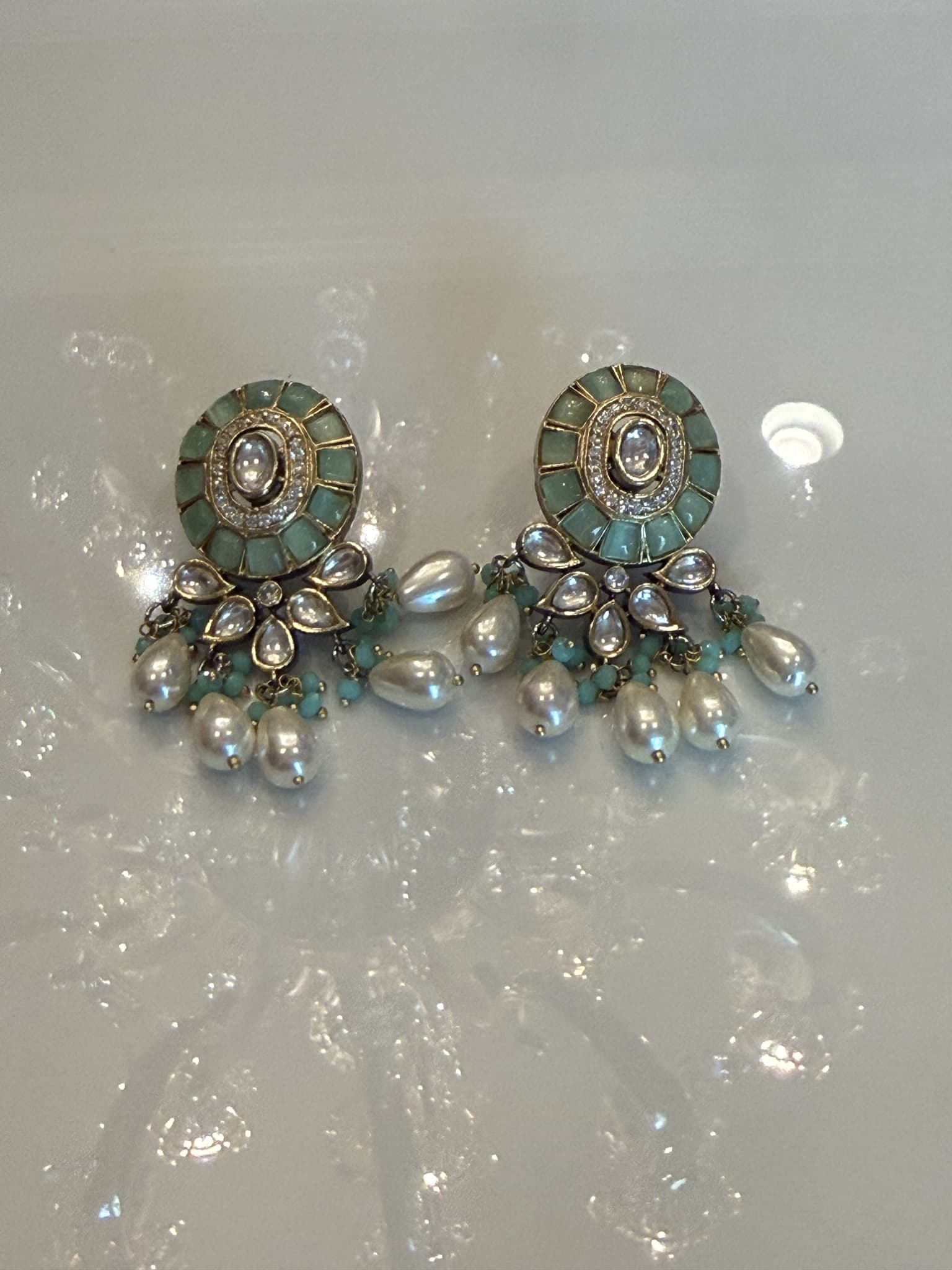 Pearl Mint Chandelier Earrings