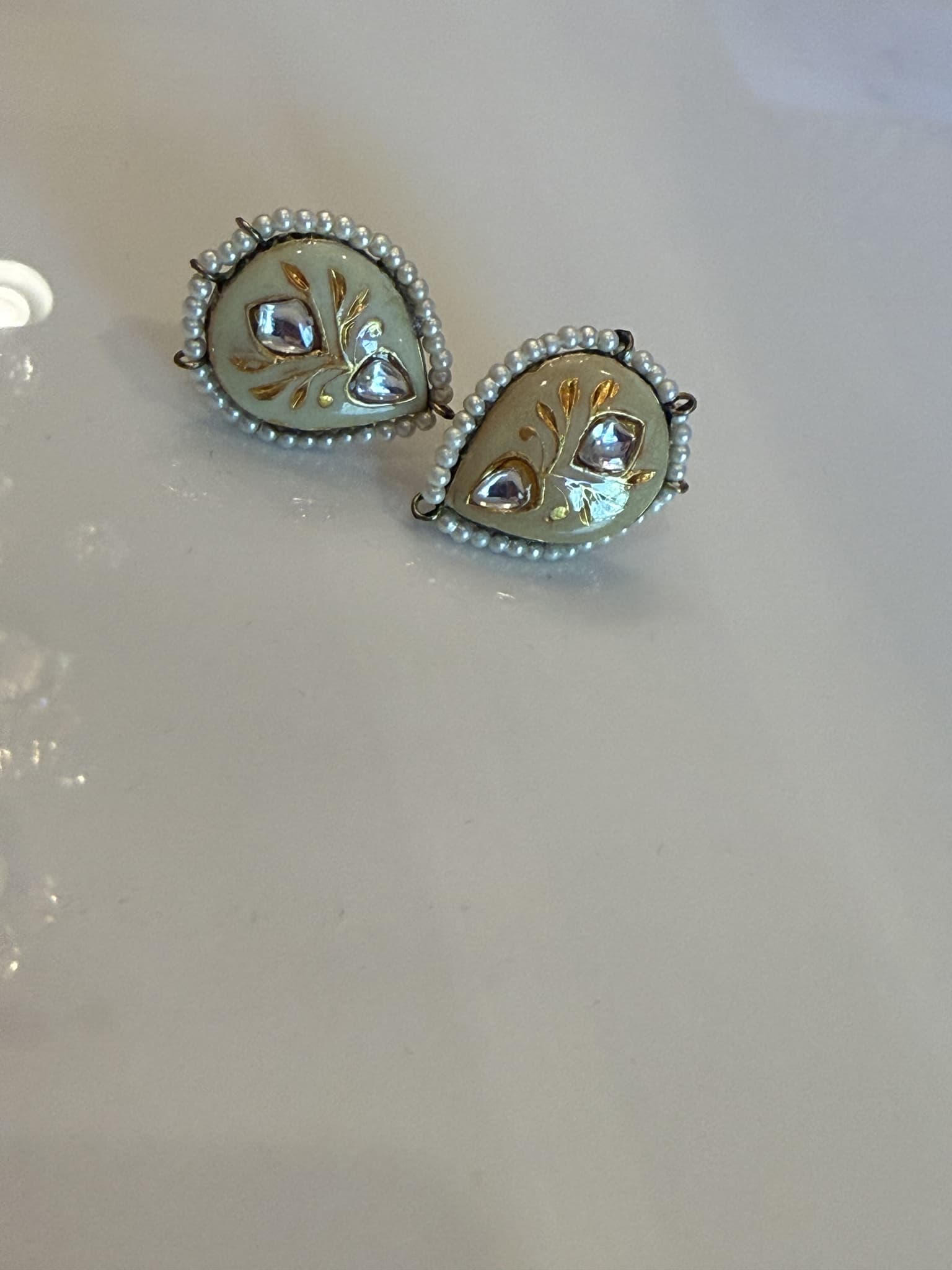 Antique White Pearl and Kundan Teardrop Earrings