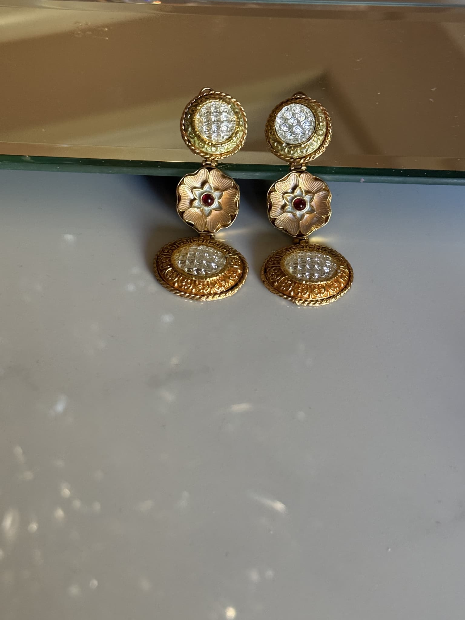 Gold Floral Kundan Drop Earrings