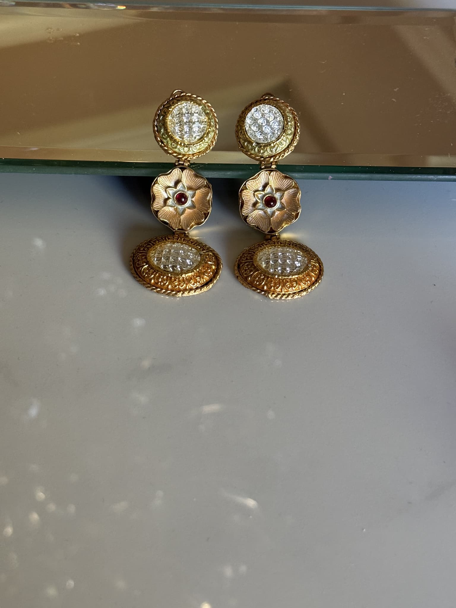 Gold Floral Kundan Drop Earrings