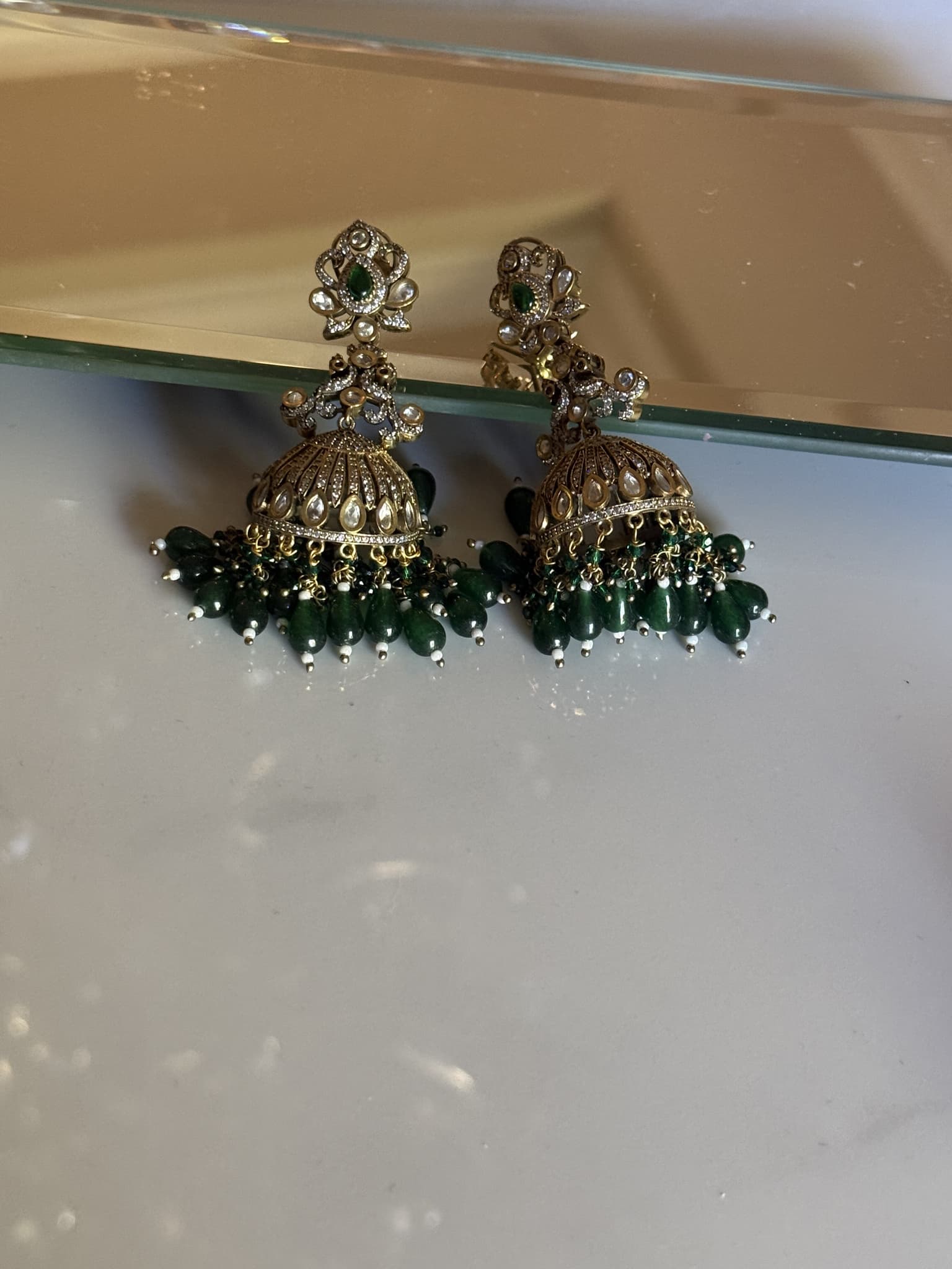 Kundan Dome Green Drop Earrings