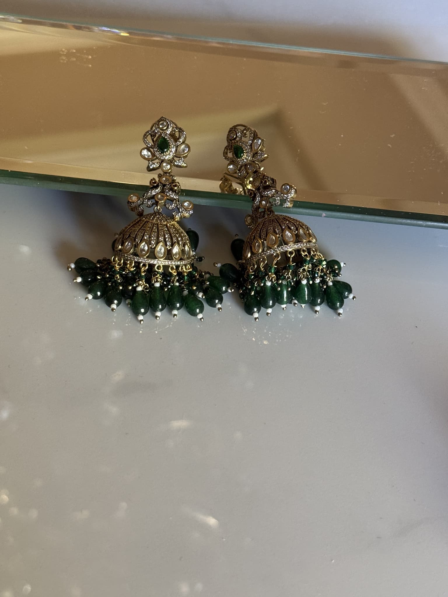 Kundan Dome Green Drop Earrings